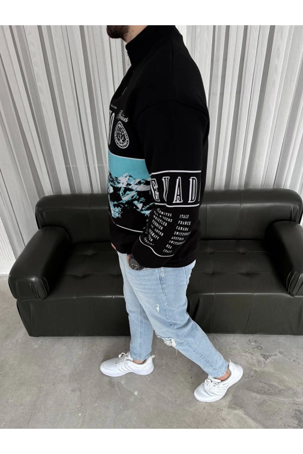 Erkek Yarım Fermuarlı Oversize Baskılı SweatShirt - Siyah
