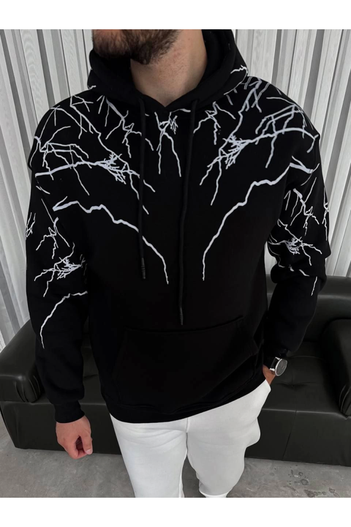 Yıldırım Baskılı Kapşonlu SweatShirt - Siyah