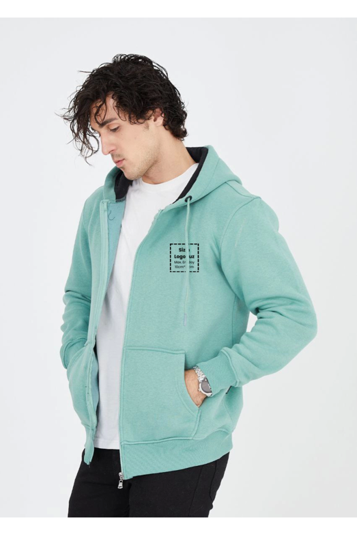 Unisex Tam Fermuarlı Kapşonlu Özel Tasarım SweatShirt - Mint Yeşili