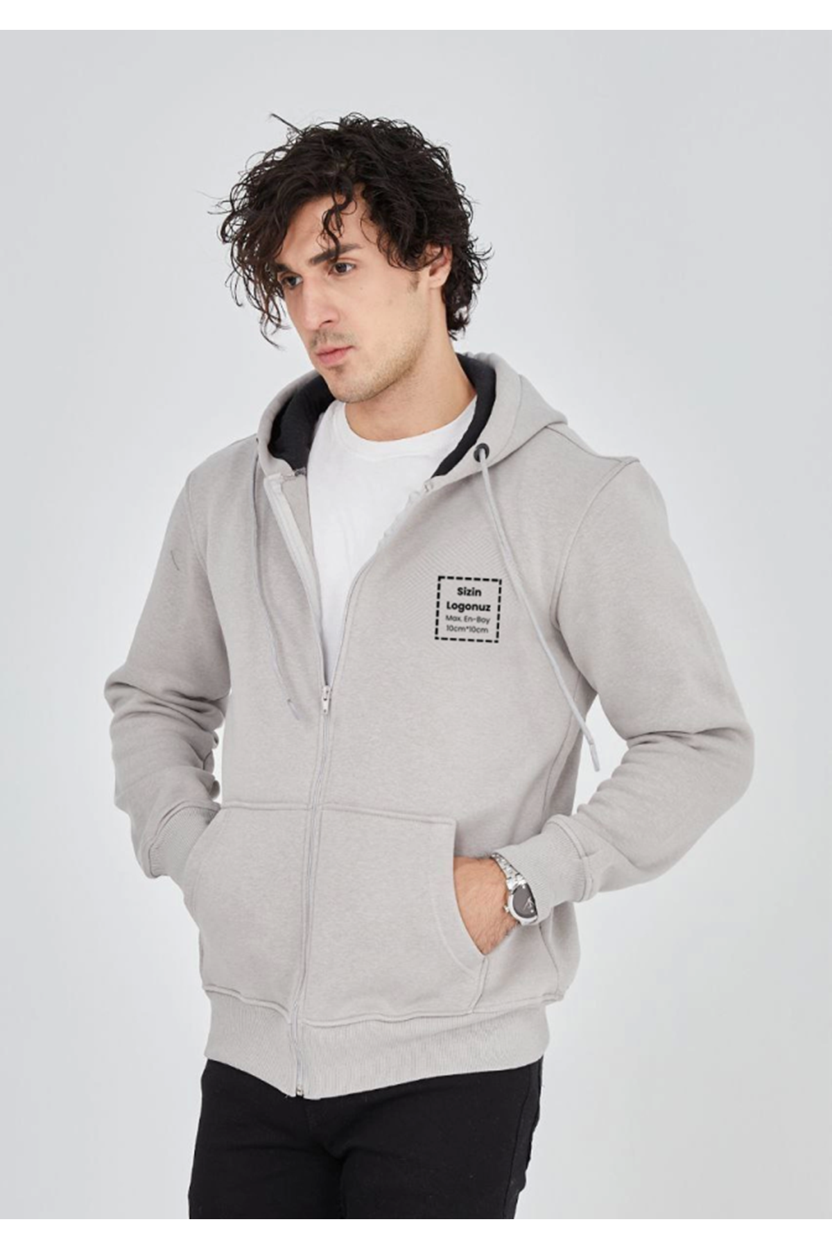 Unisex Tam Fermuarlı Kapşonlu Özel Tasarım SweatShirt - Boyama Gri