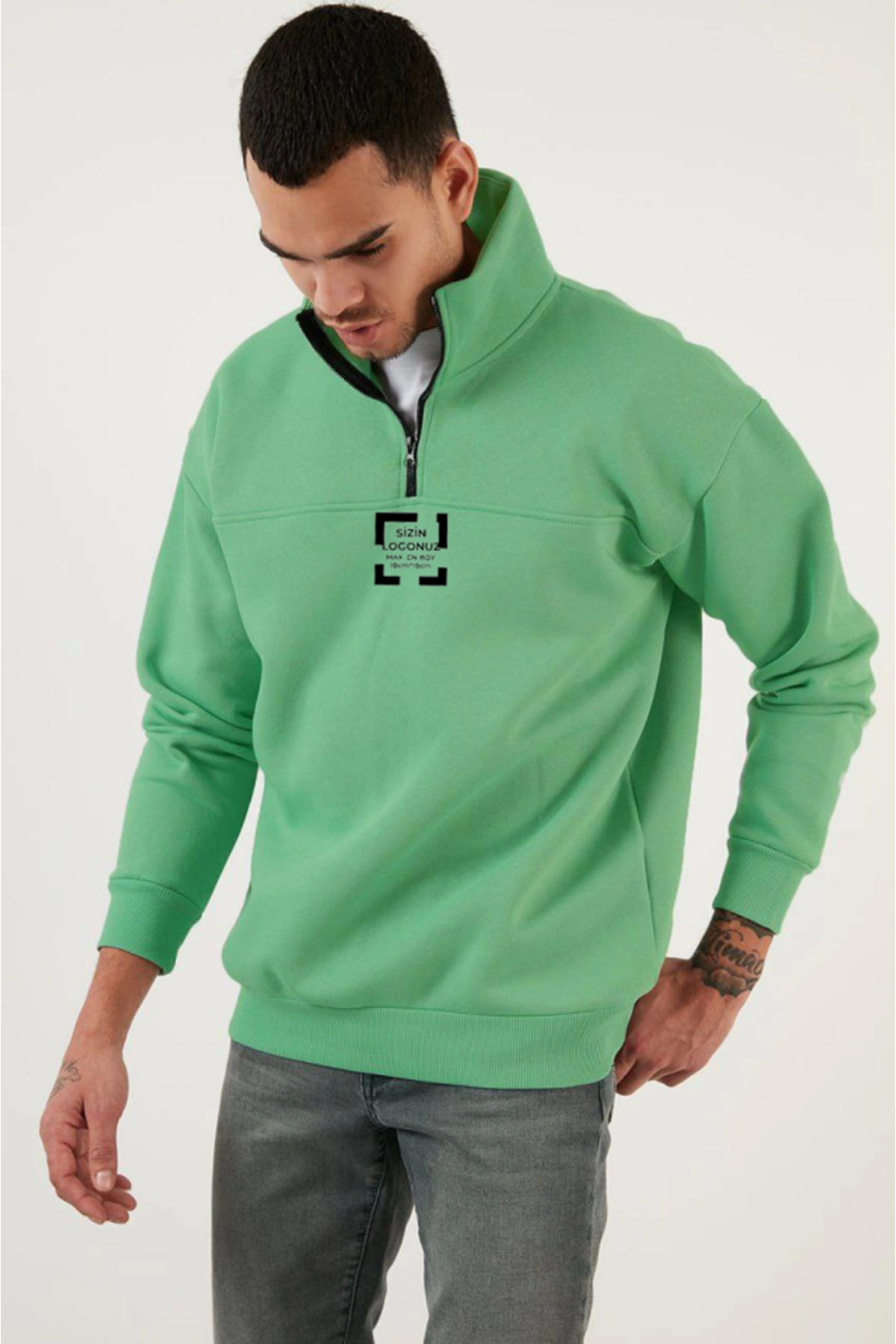 Oversize Yarım Farmuarlı Yakalı Özel Tasarım Basic SweatShirt - Açık Yeşil