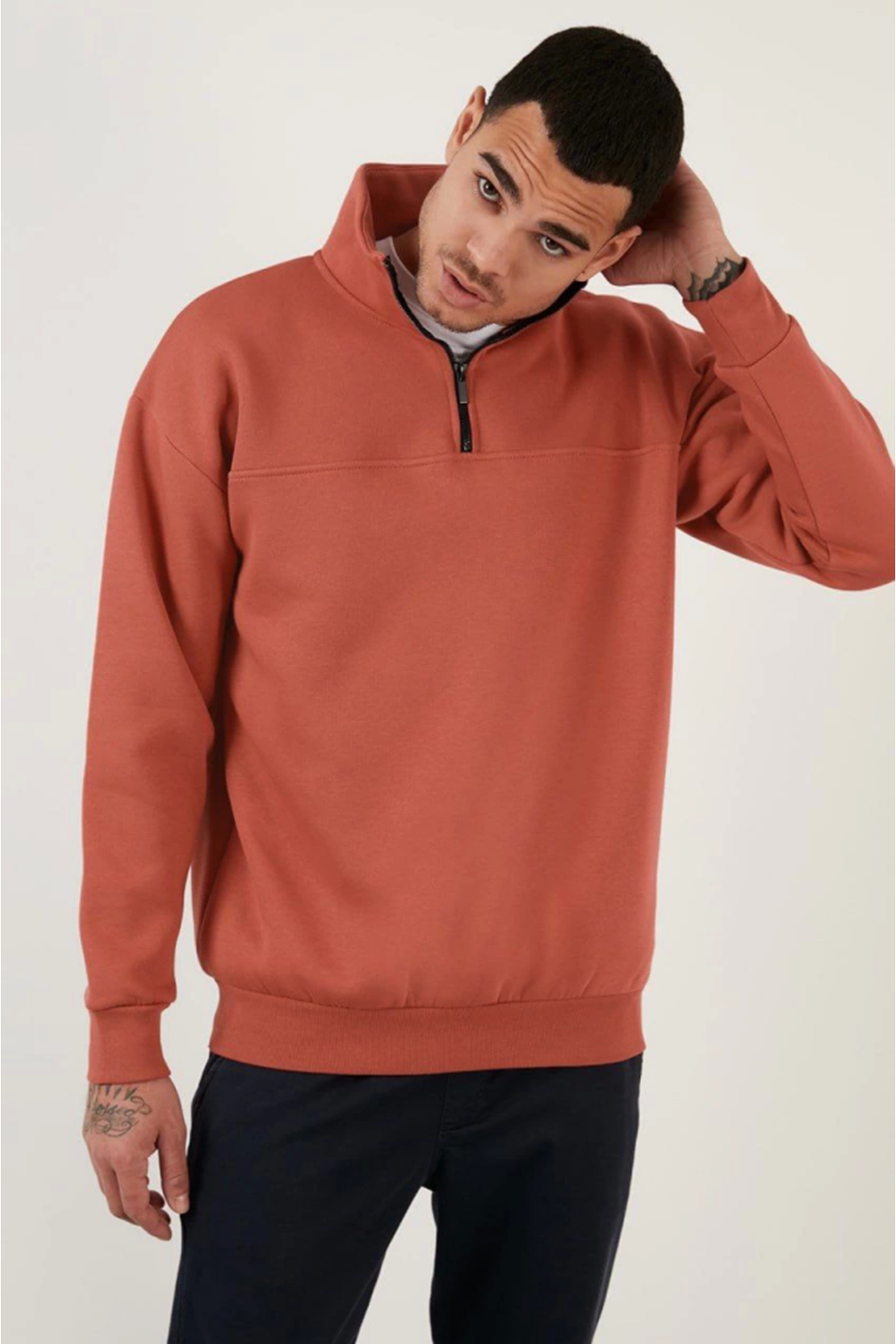 Oversize Yarım Farmuarlı Yakalı Basic SweatShirt - Gül Kurusu