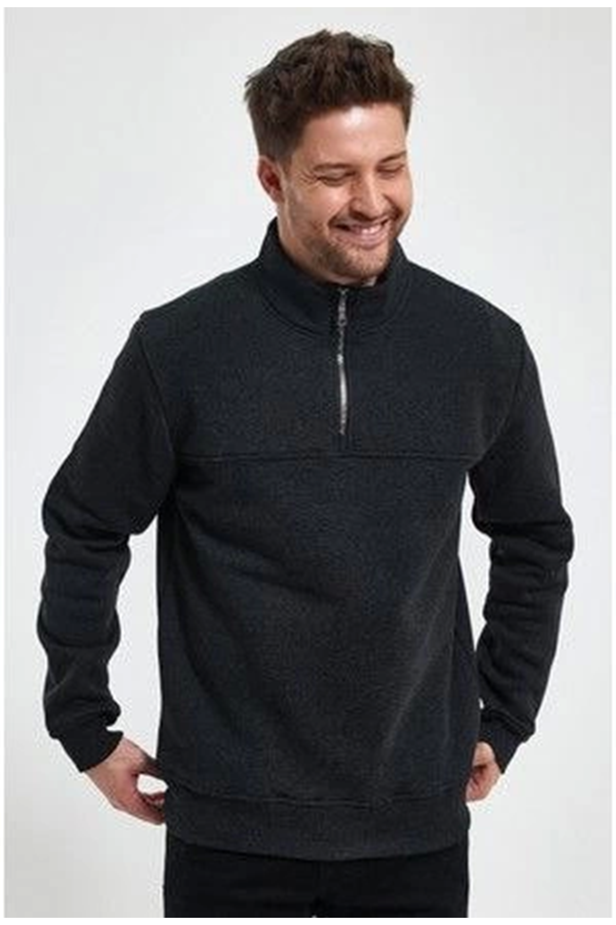 Oversize Yarım Farmuarlı Yakalı Basic SweatShirt - Antrasit