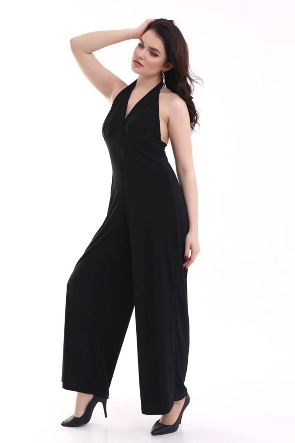 Kadın V YakaSırt Dekolteli Geniş Paça Sandy Kumaş Fırsat Ürün Tulum