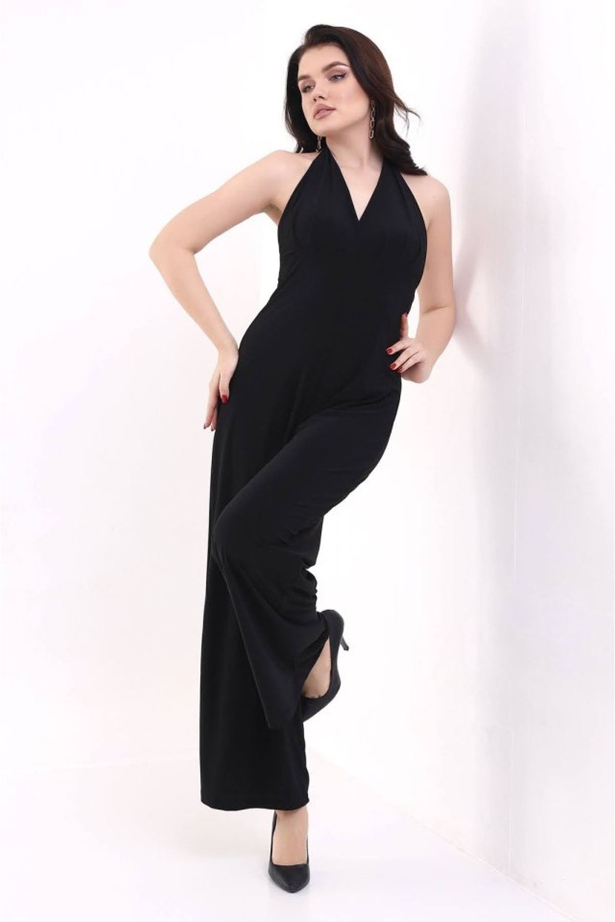 Kadın V YakaSırt Dekolteli Geniş Paça Sandy Kumaş Fırsat Ürün Tulum