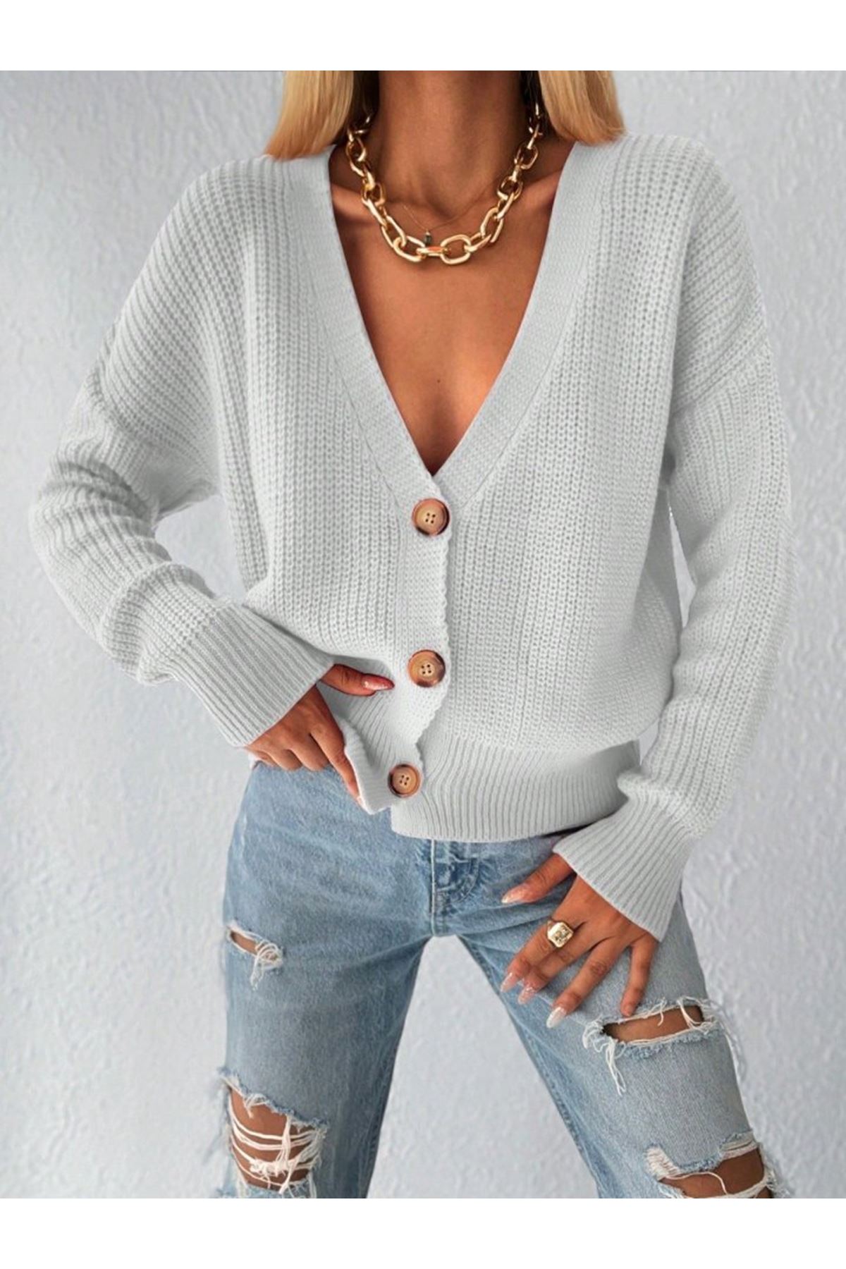 Kadın Uzun Kollu Düğme Detay Triko Bluz