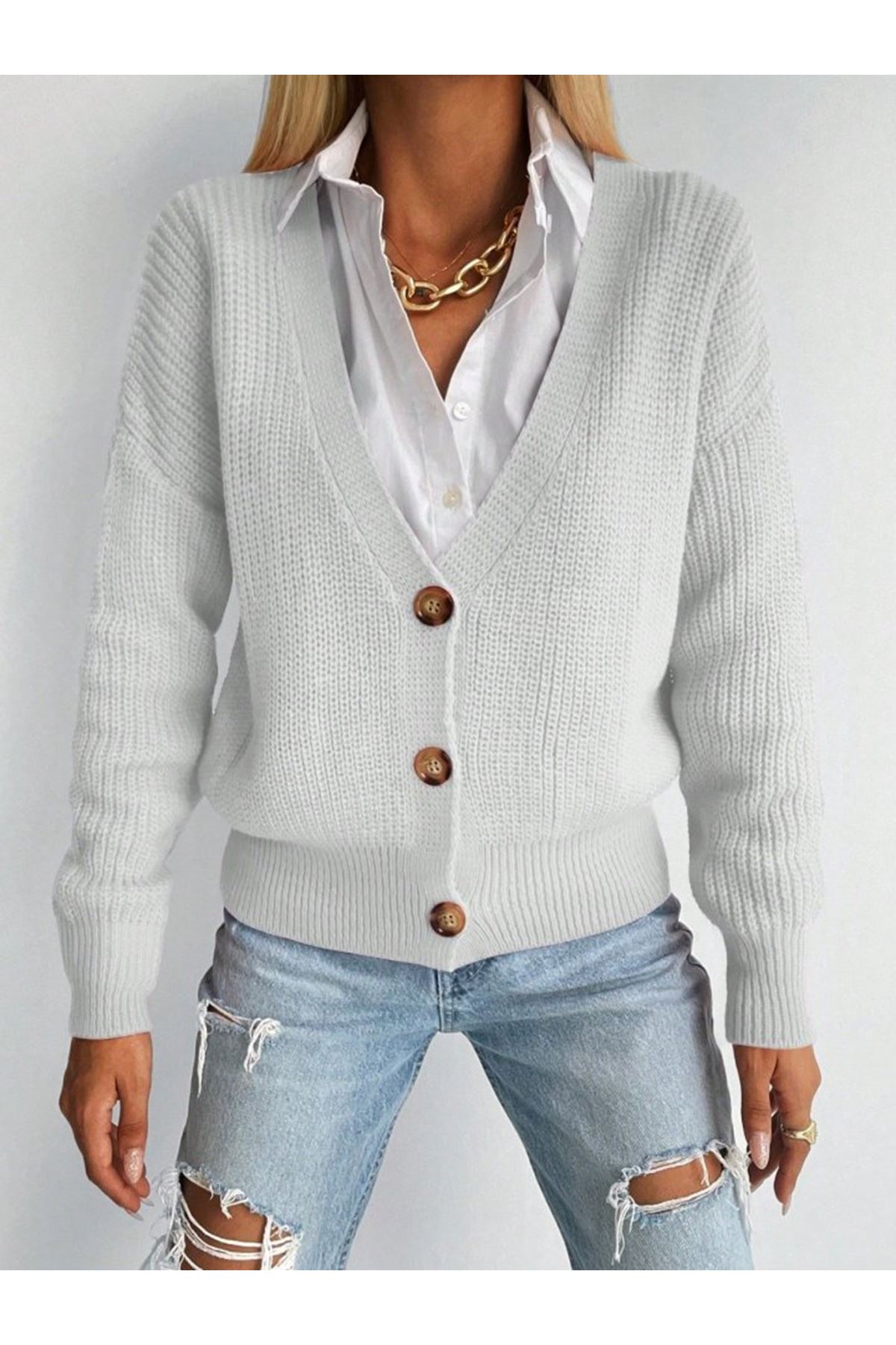 Kadın Uzun Kollu Düğme Detay Triko Bluz