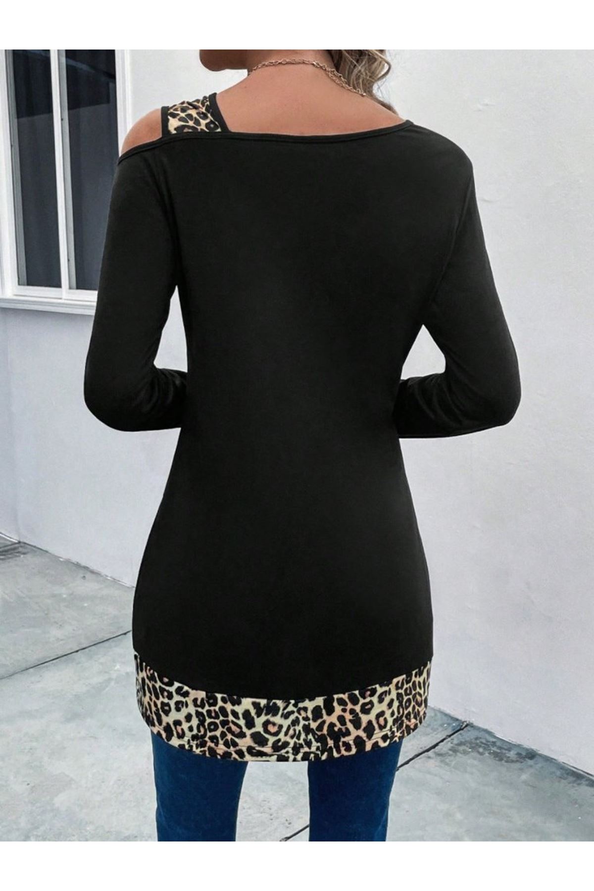 Kadın Tek O Uzdan Açık Askılı Uzun Kollu Leopar Detaylı Viskon Bluz