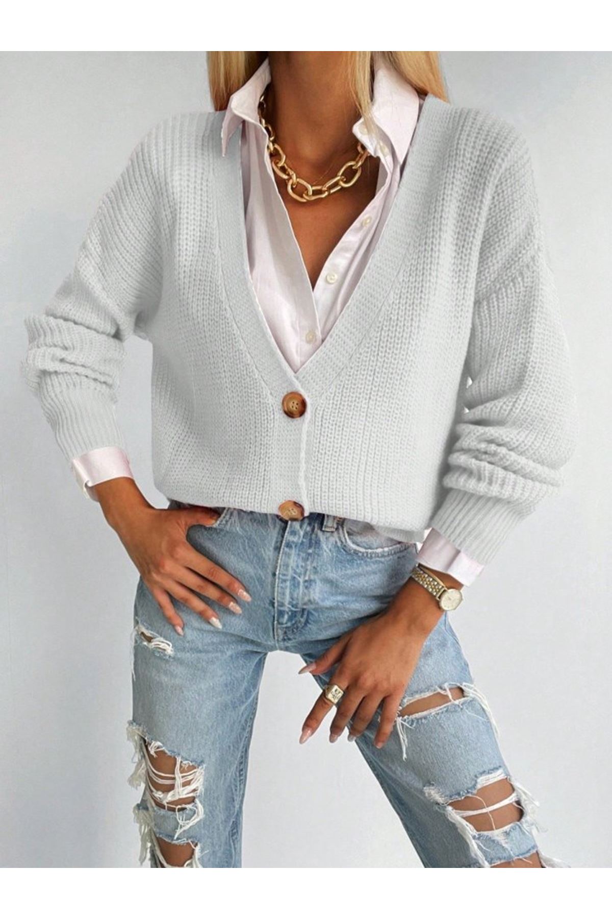 Kadın Uzun Kollu Düğme Detay Triko Bluz