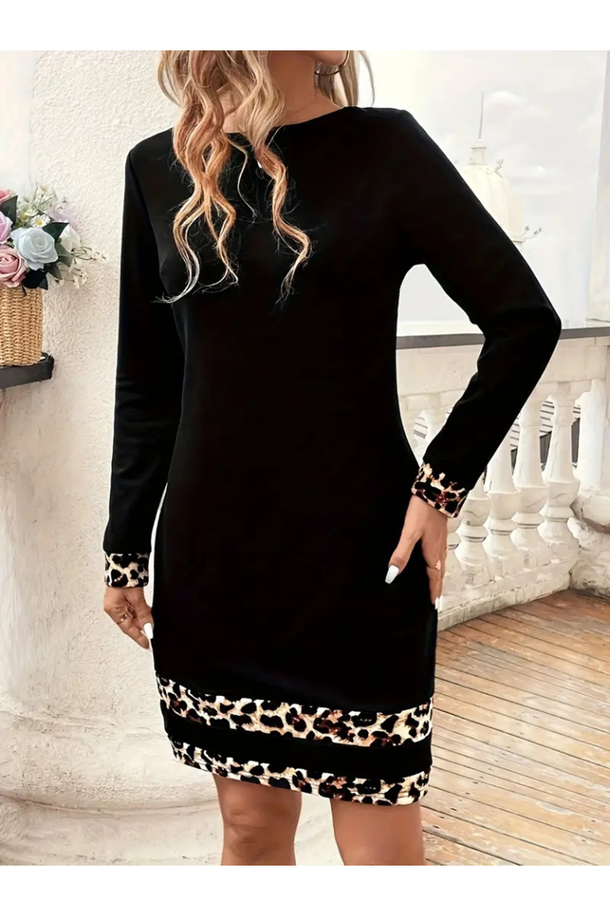 Kadın Uzun Kollu Bisiklet Yaka şerit Leopar Desenli Dalgıç Elbise