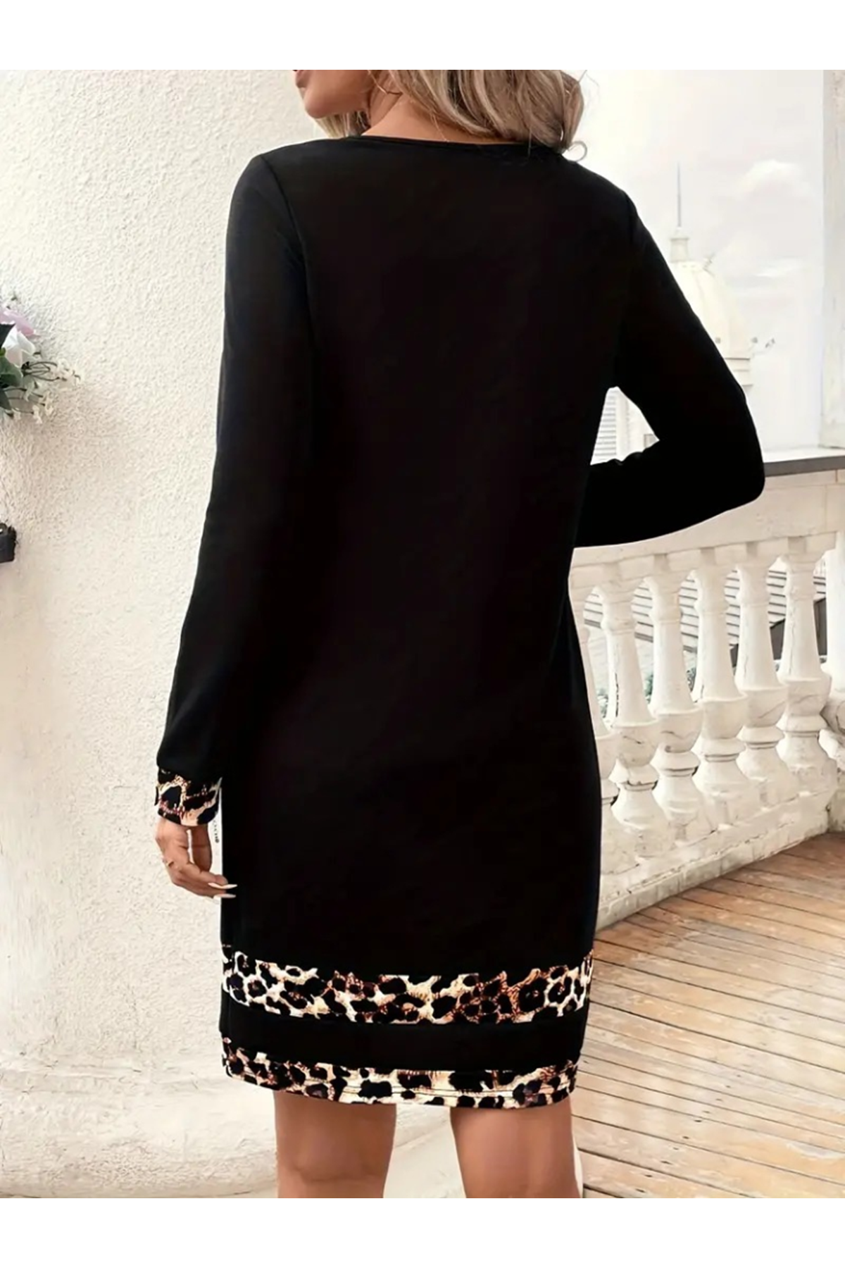 Kadın Uzun Kollu Bisiklet Yaka şerit Leopar Desenli Dalgıç Elbise