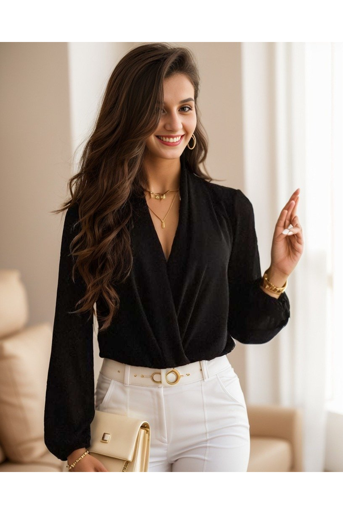 Kadın Uzun Kollu Kruvaze Yaka Sandy Bluz