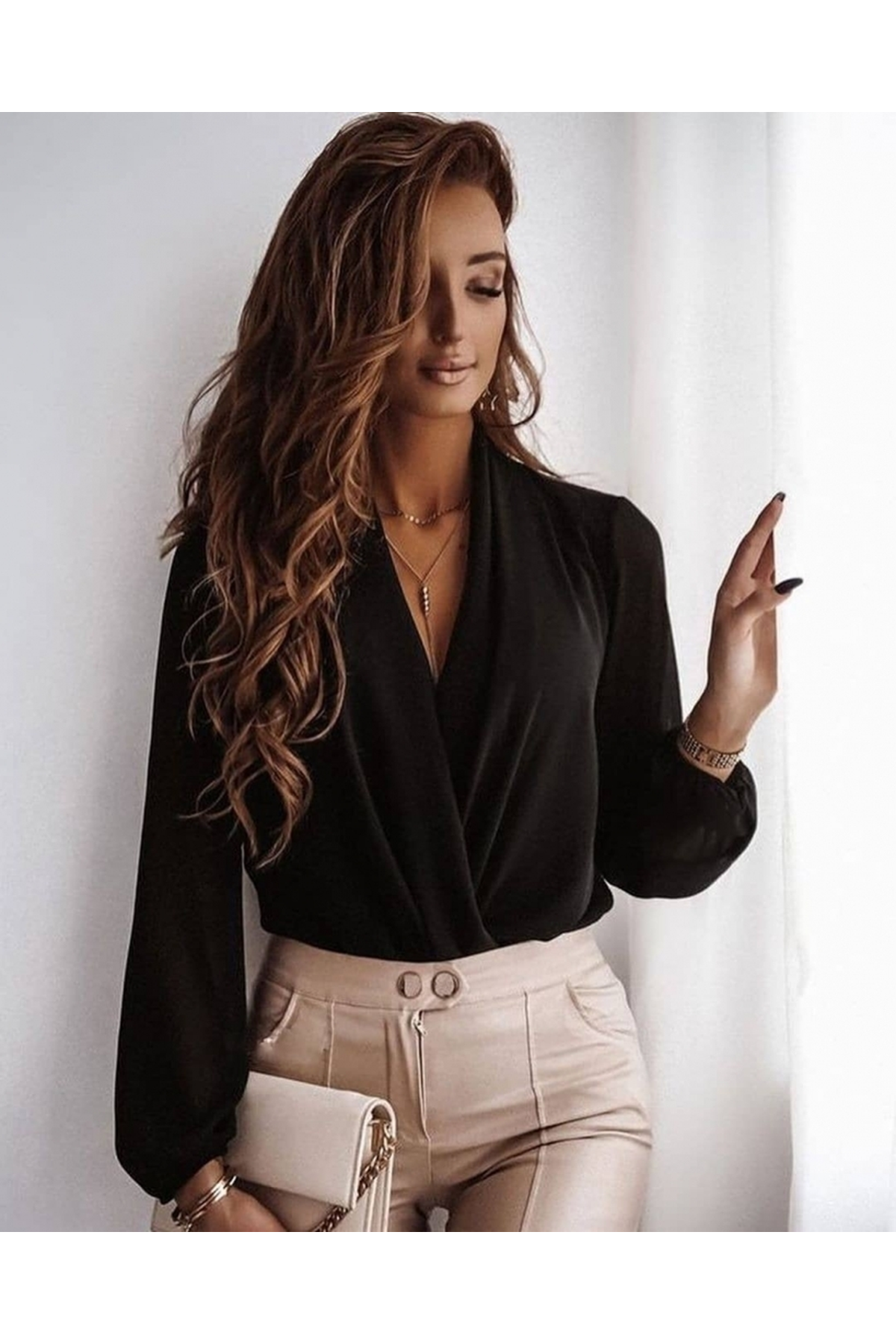 Kadın Uzun Kollu Kruvaze Yaka Sandy Bluz