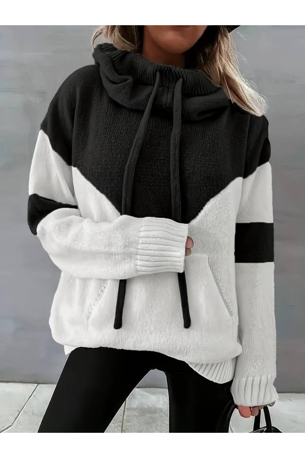 Kadın Uzun Kollu Blok Desenli Bağcıklı Triko Bluz