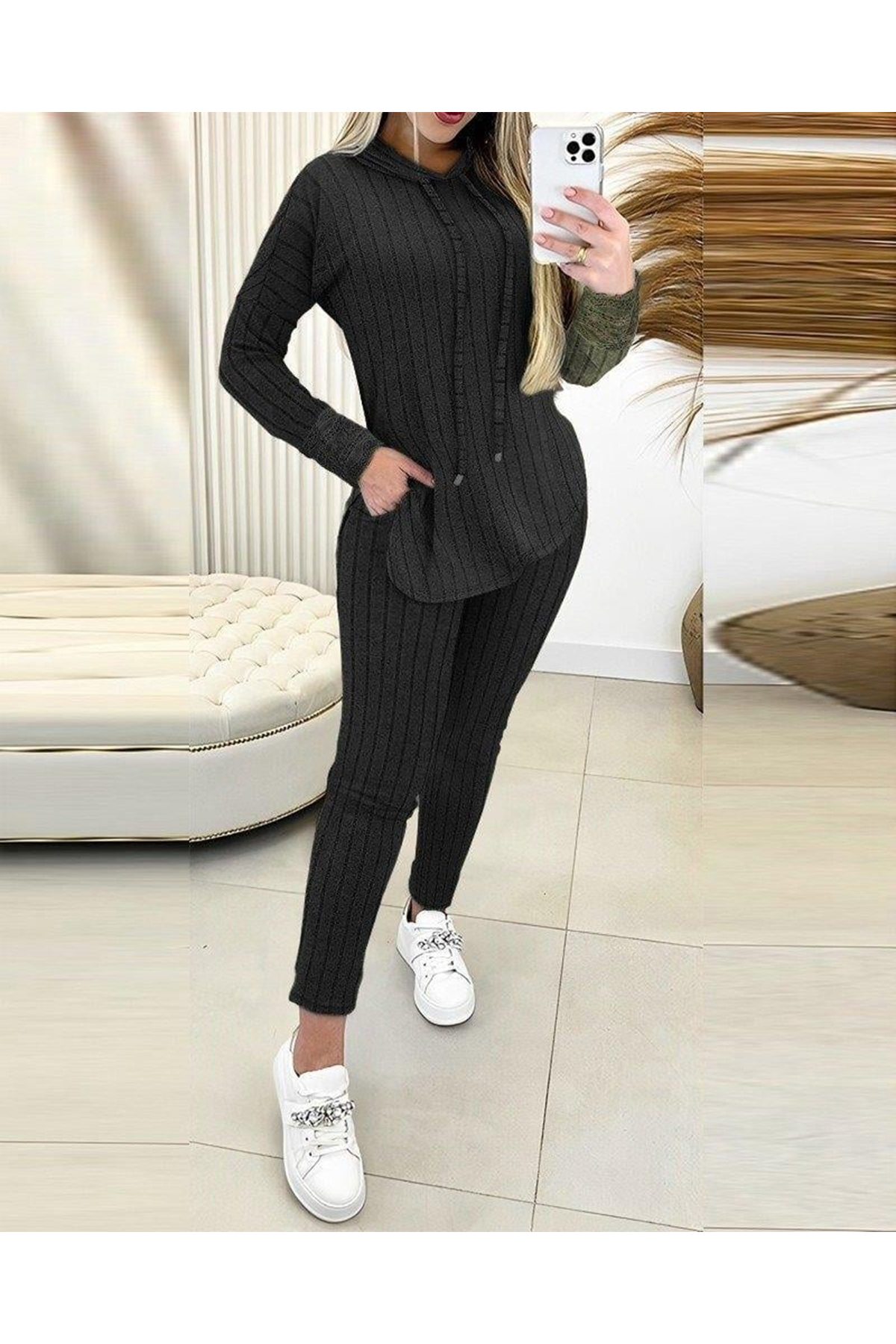 Kadın Uzun Kollu Kapşonlu Yakadan Bağcıklı Yandan Yırtmaçlı üst Bluz Alt Tayt şardonlu Kaşkorse Ikili Takım