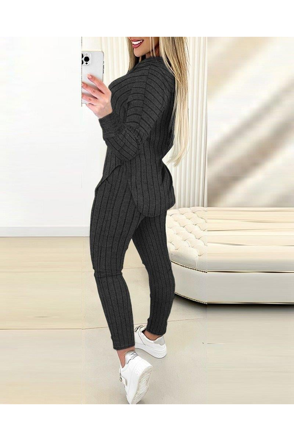 Kadın Uzun Kollu Kapşonlu Yakadan Bağcıklı Yandan Yırtmaçlı üst Bluz Alt Tayt şardonlu Kaşkorse Ikili Takım