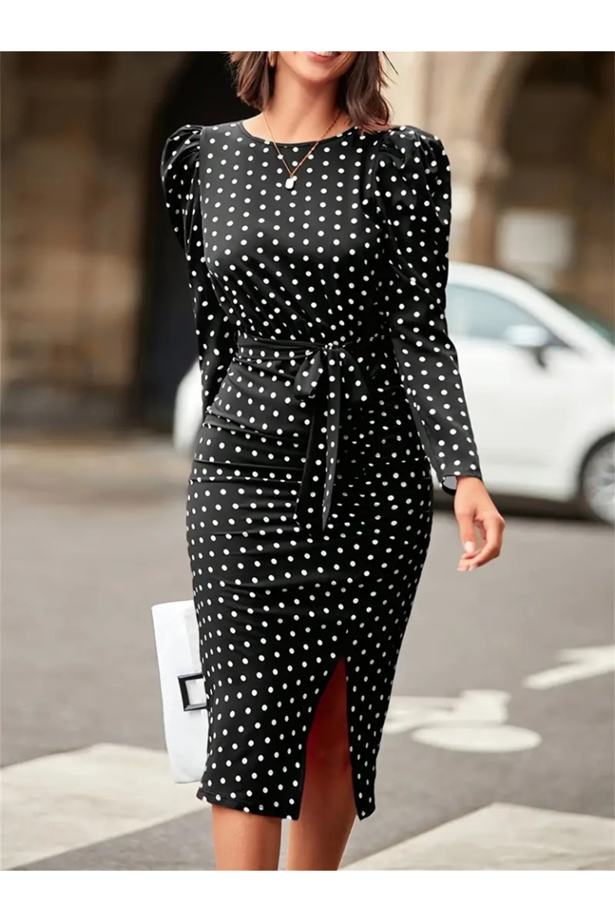 Kadın Uzun Kollu Yuvarlak Yaka Belden Kuşaklı önden Yırtmaçlı örme Krep Elbise