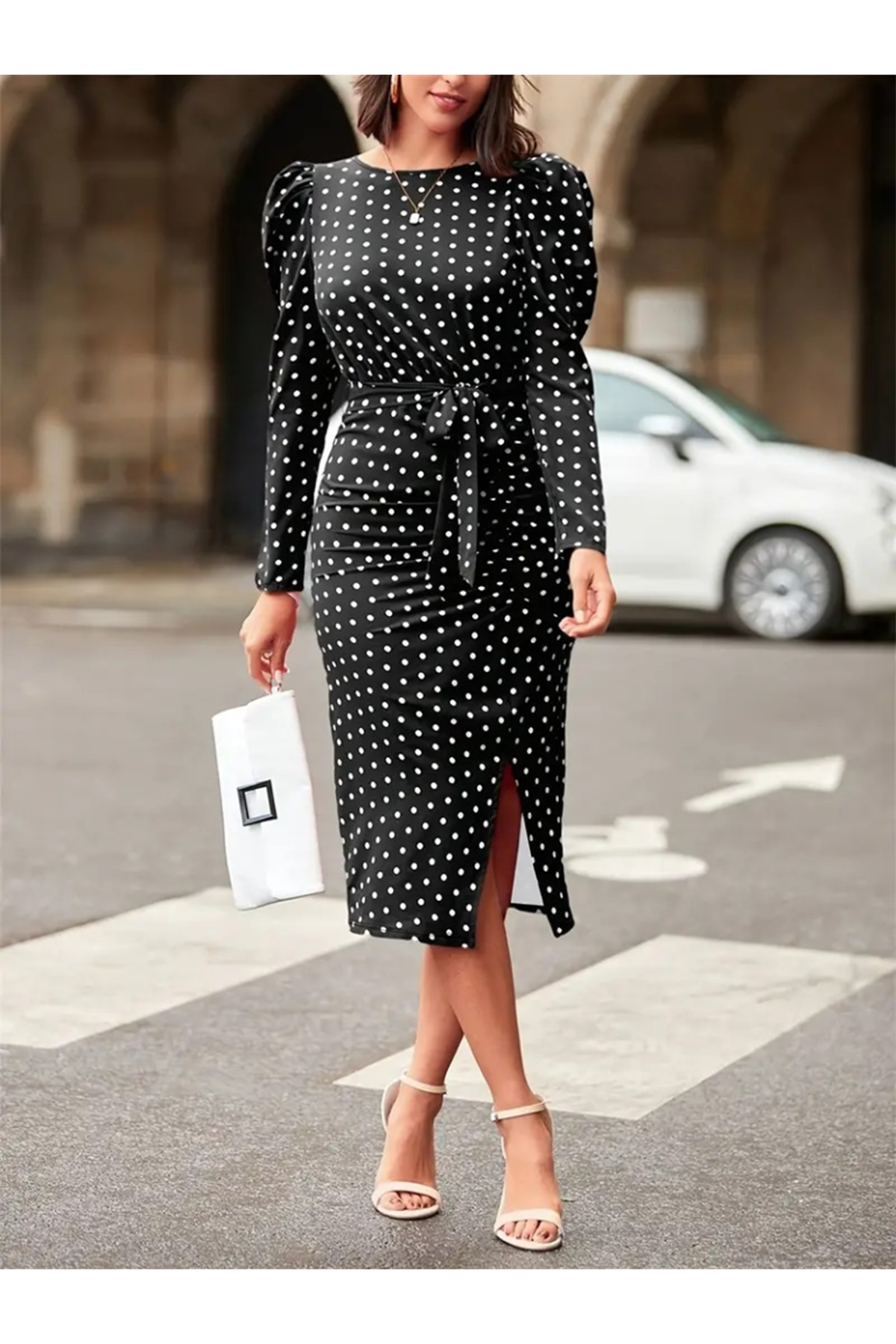 Kadın Uzun Kollu Yuvarlak Yaka Belden Kuşaklı önden Yırtmaçlı örme Krep Elbise