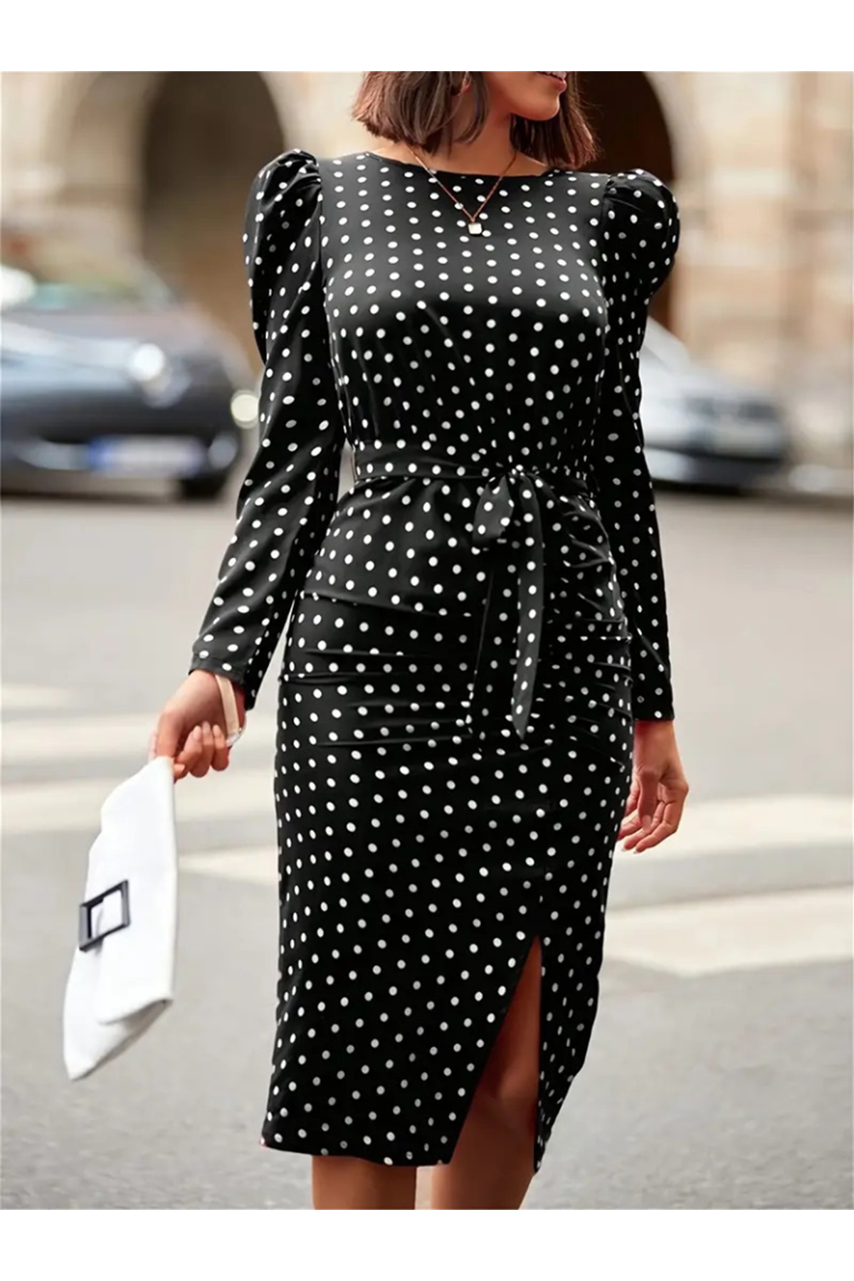 Kadın Uzun Kollu Yuvarlak Yaka Belden Kuşaklı önden Yırtmaçlı örme Krep Elbise