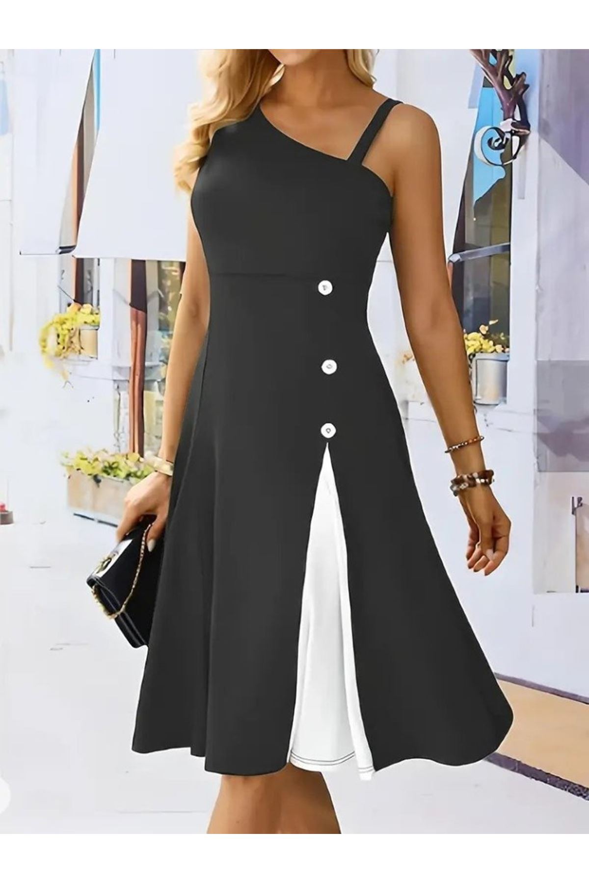 Kadın Tek Omuzu şerit Detaylı Kolsuz Yandan Düğme Detaylı Janjan Krep Elbise