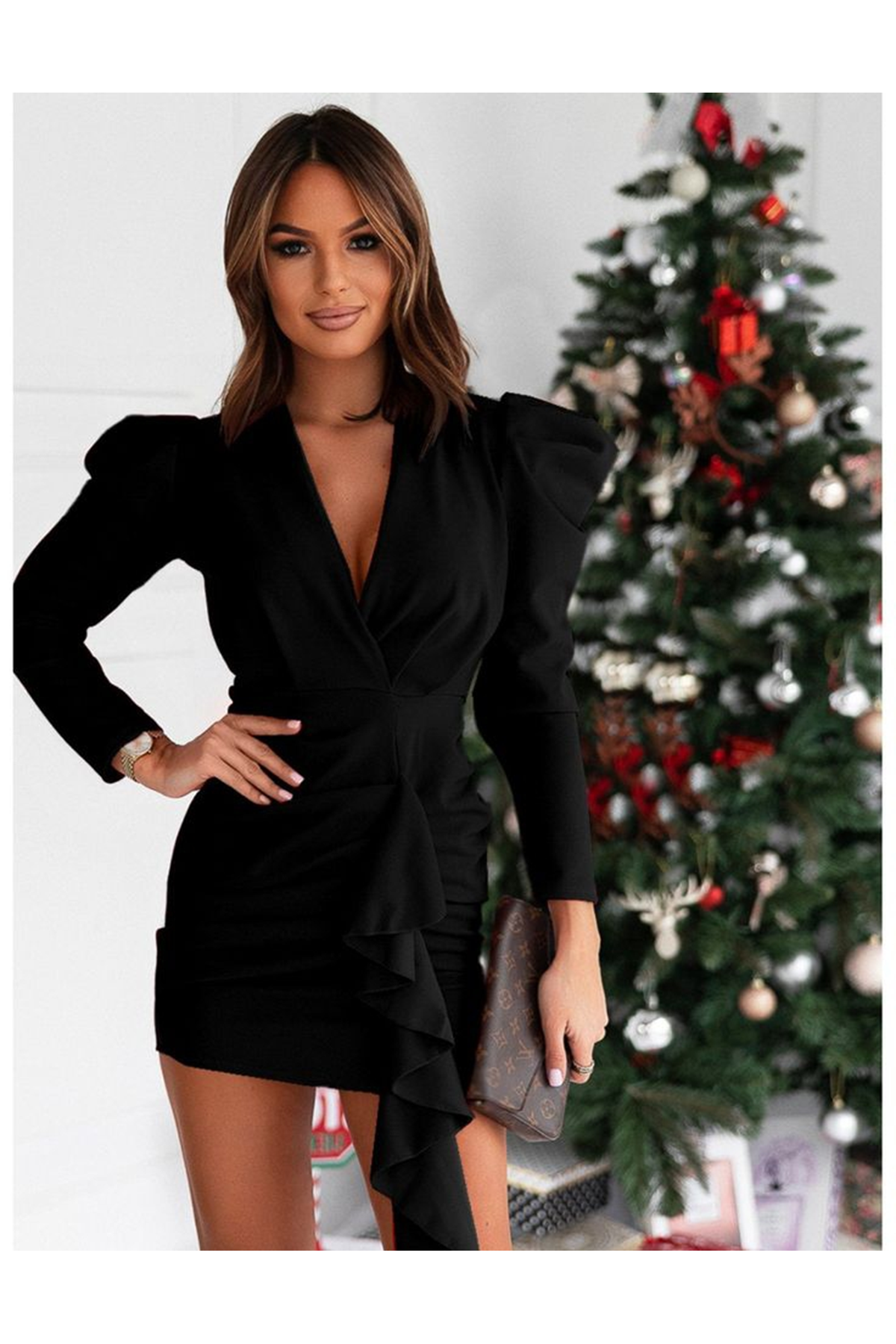 Kadın Uzun Kollu Kruvaze Yaka Karpuz Kol Eteği Fırfır Detay Krep Mini Elbise