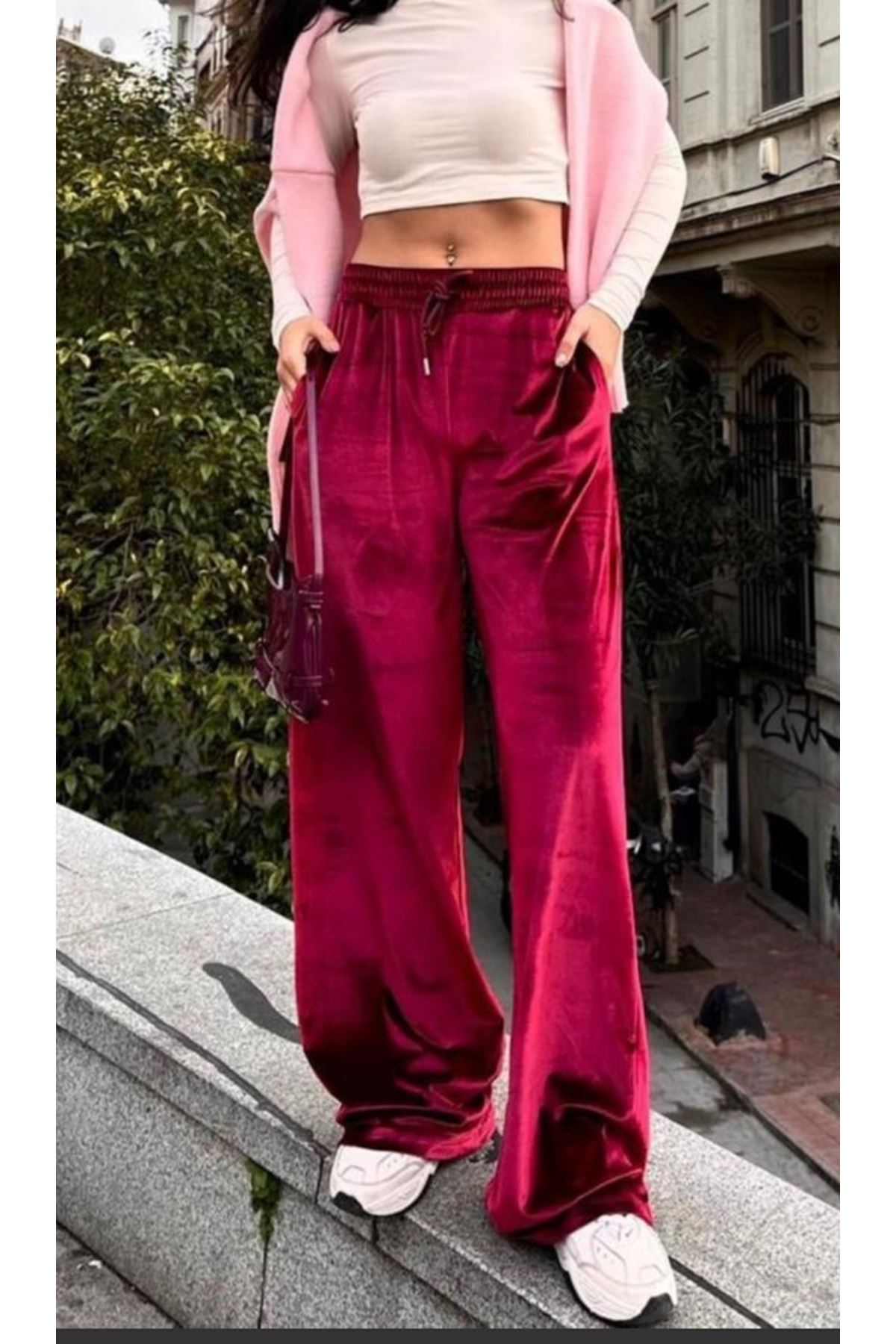 Kadın Yüksek Ben Beli Lastik Detay Kadife Kumaş Bol Paça Pantolon