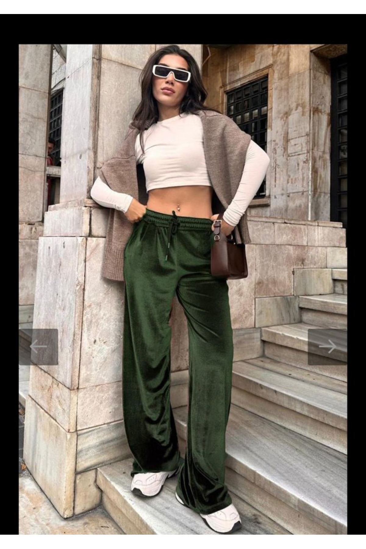 Kadın Yüksek Ben Beli Lastik Detay Kadife Kumaş Bol Paça Pantolon