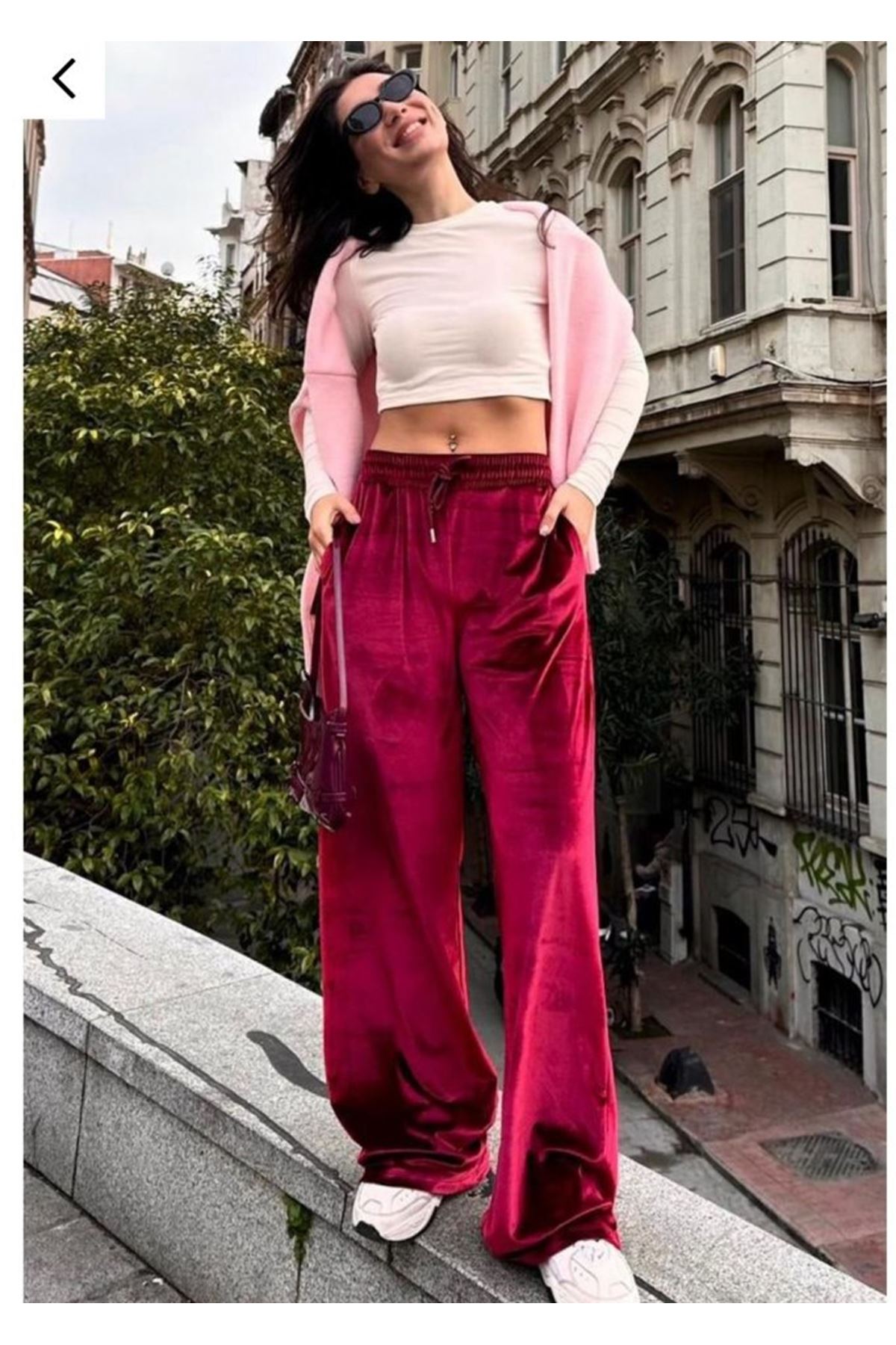 Kadın Yüksek Ben Beli Lastik Detay Kadife Kumaş Bol Paça Pantolon