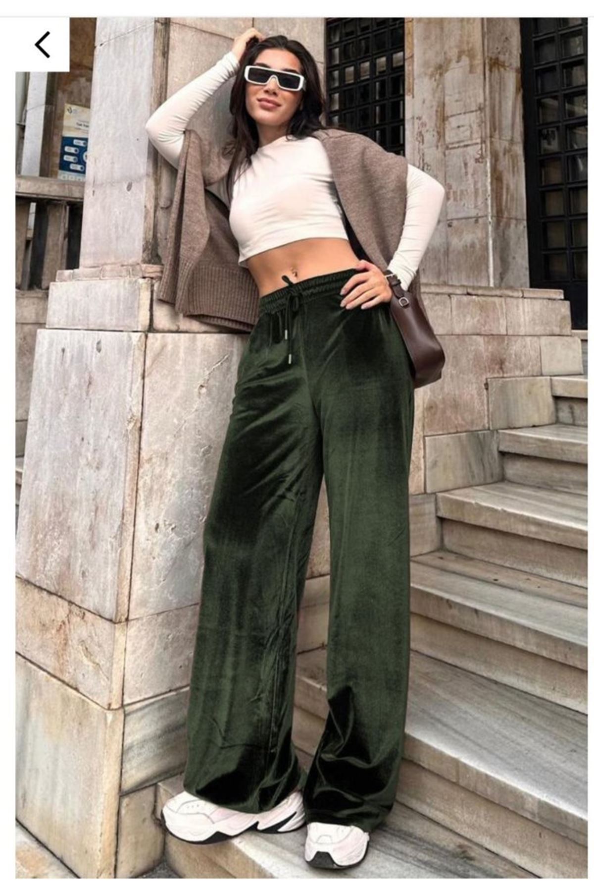 Kadın Yüksek Ben Beli Lastik Detay Kadife Kumaş Bol Paça Pantolon