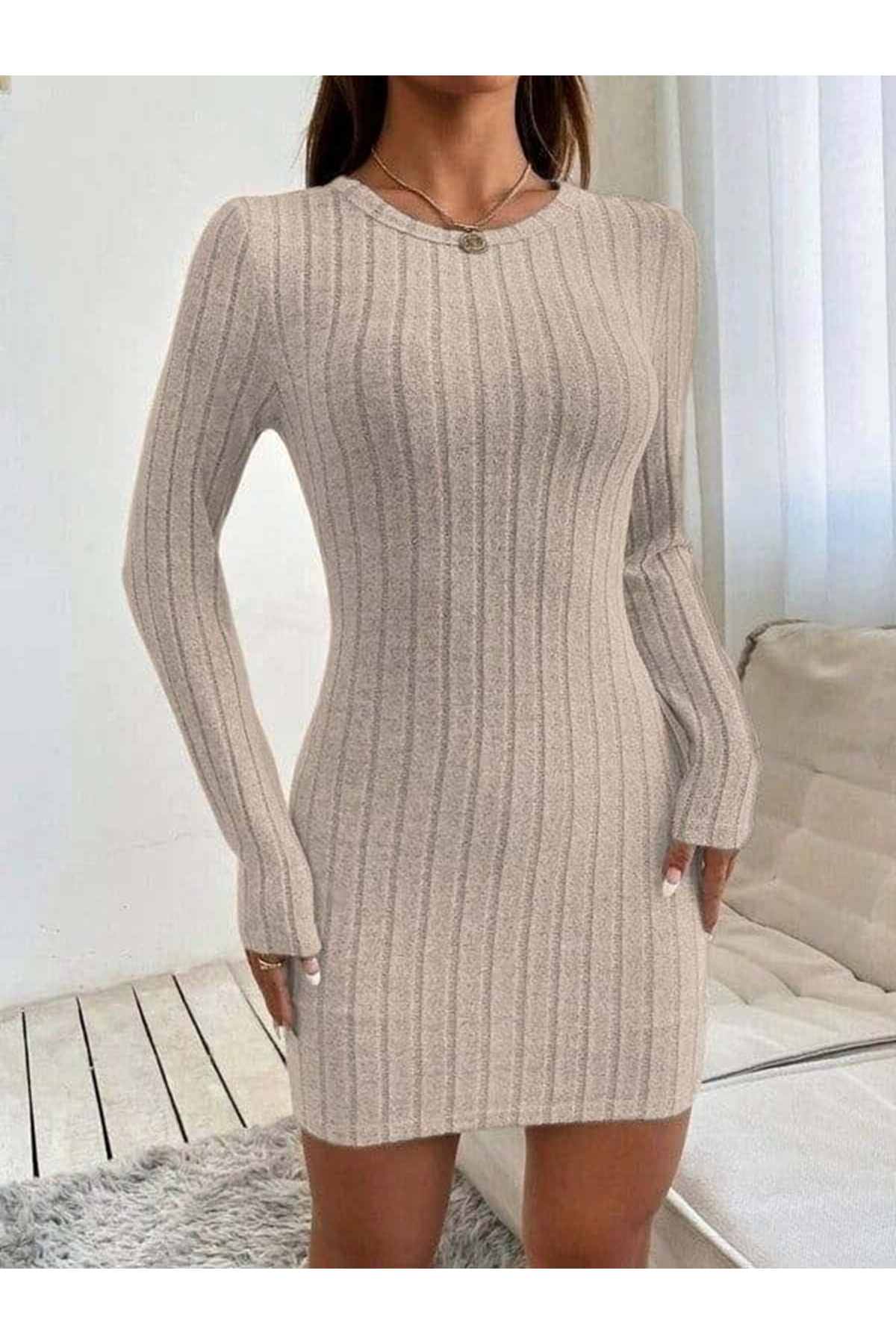 Kadın Uzun Kollu Bisiklet Yaka şardonlu Kalın Fitilli Kaşkorse Mini Boy Elbise