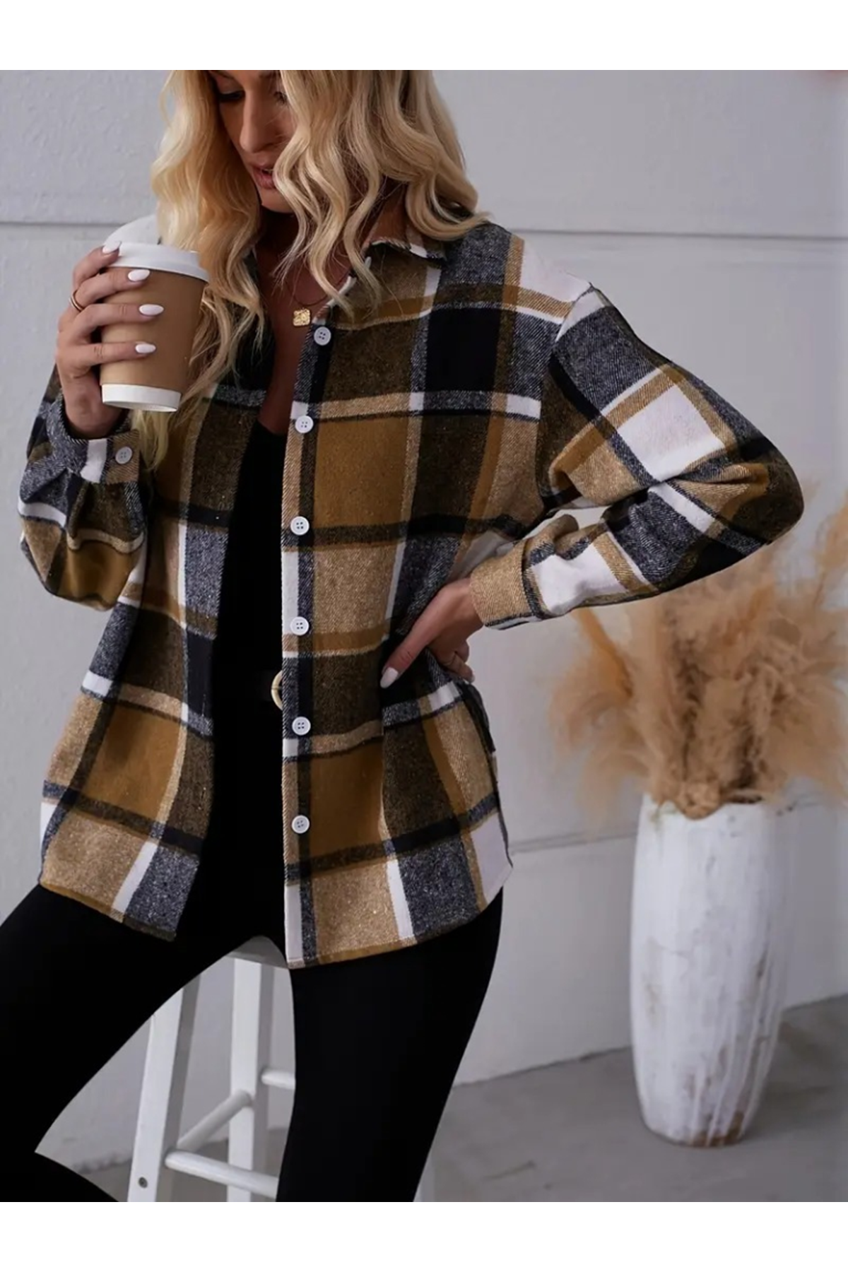 Kadın Uzun Kollu Kare Desenli önden Düğmeli Dokuma Gömlek