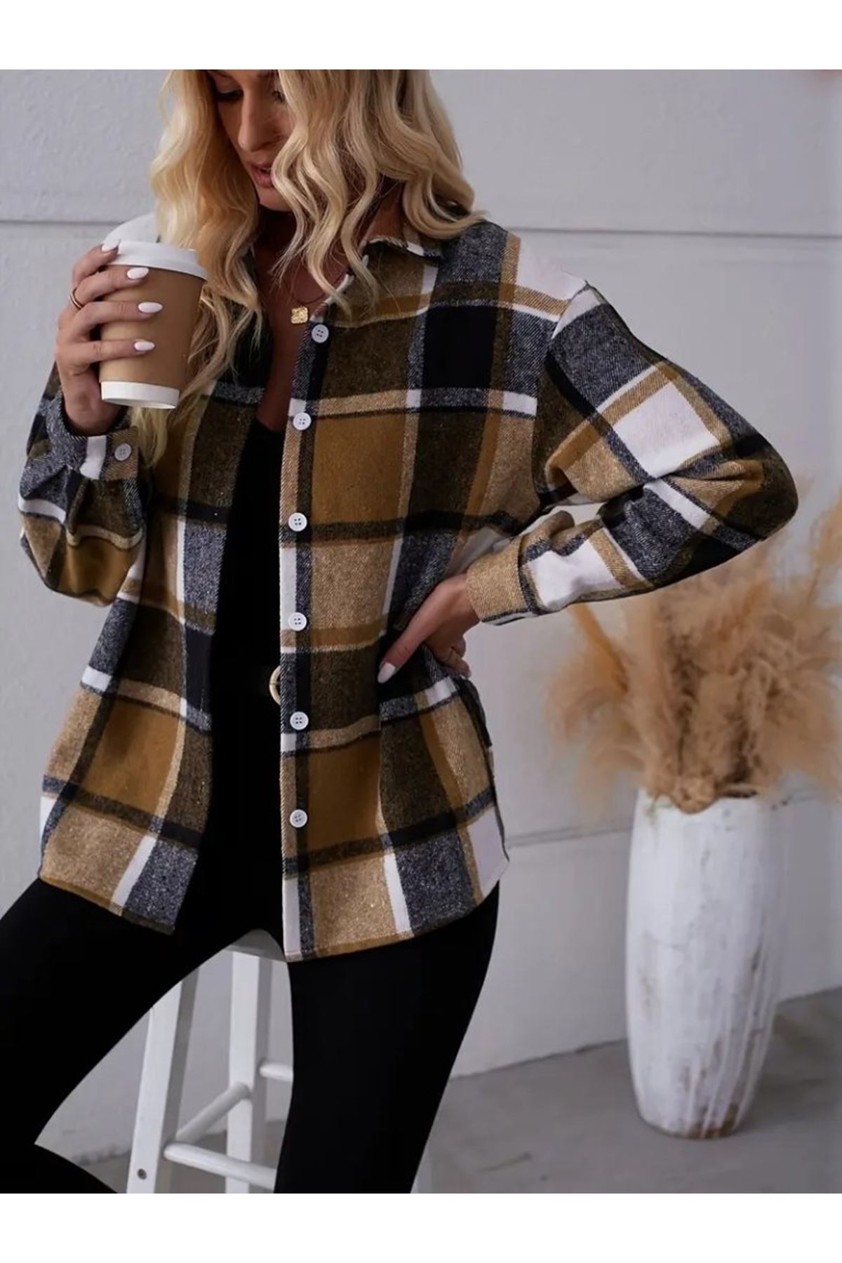 Kadın Uzun Kollu Kare Desenli önden Düğmeli Dokuma Gömlek