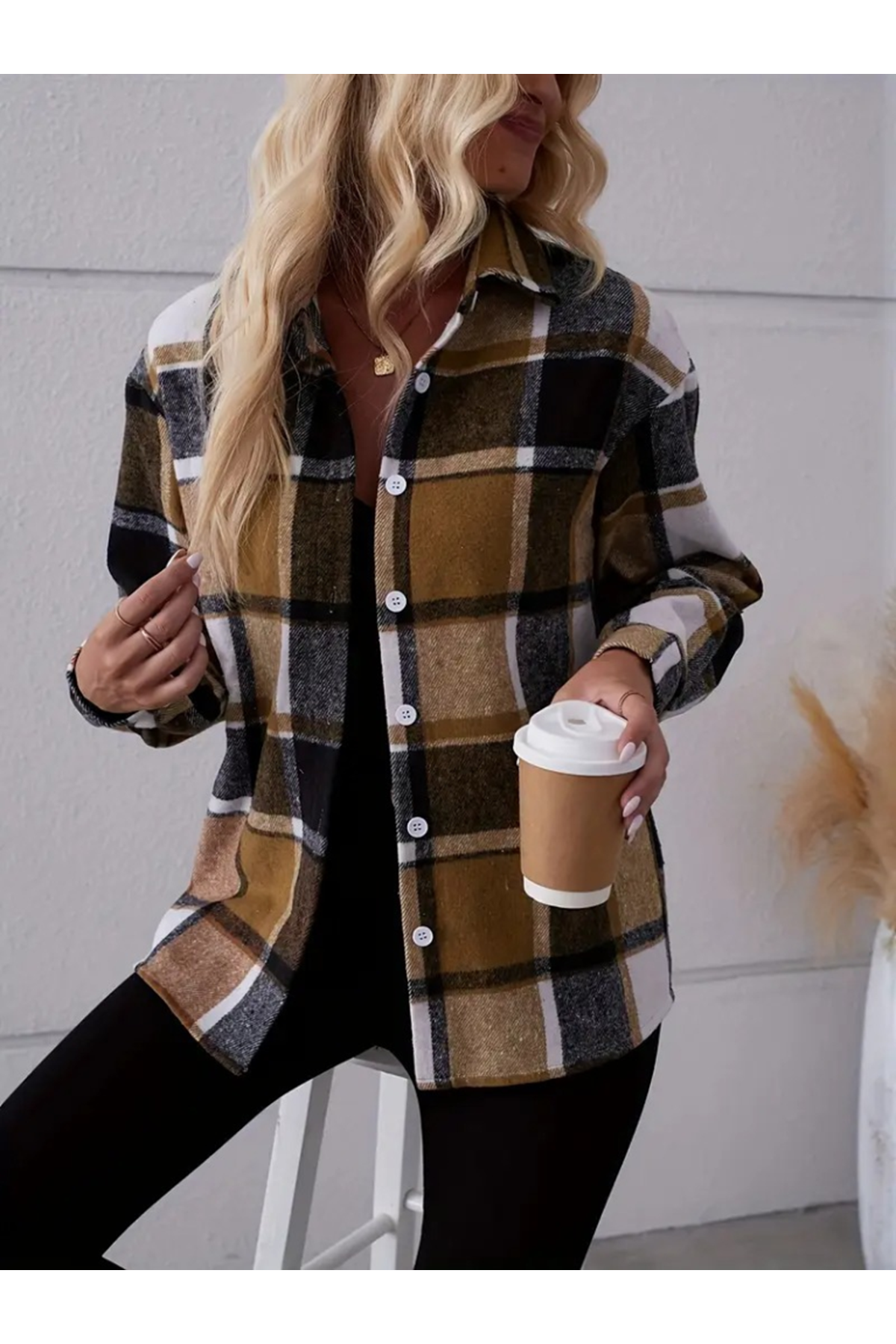 Kadın Uzun Kollu Kare Desenli önden Düğmeli Dokuma Gömlek