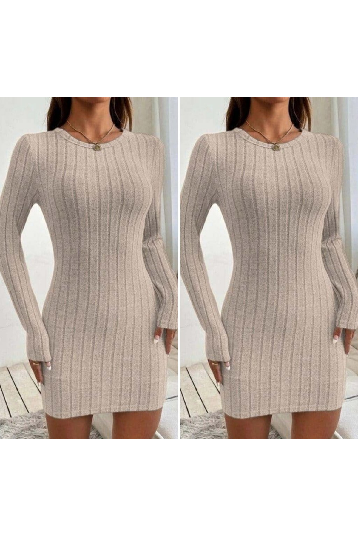 Kadın Uzun Kollu Bisiklet Yaka şardonlu Kalın Fitilli Kaşkorse Mini Boy Elbise