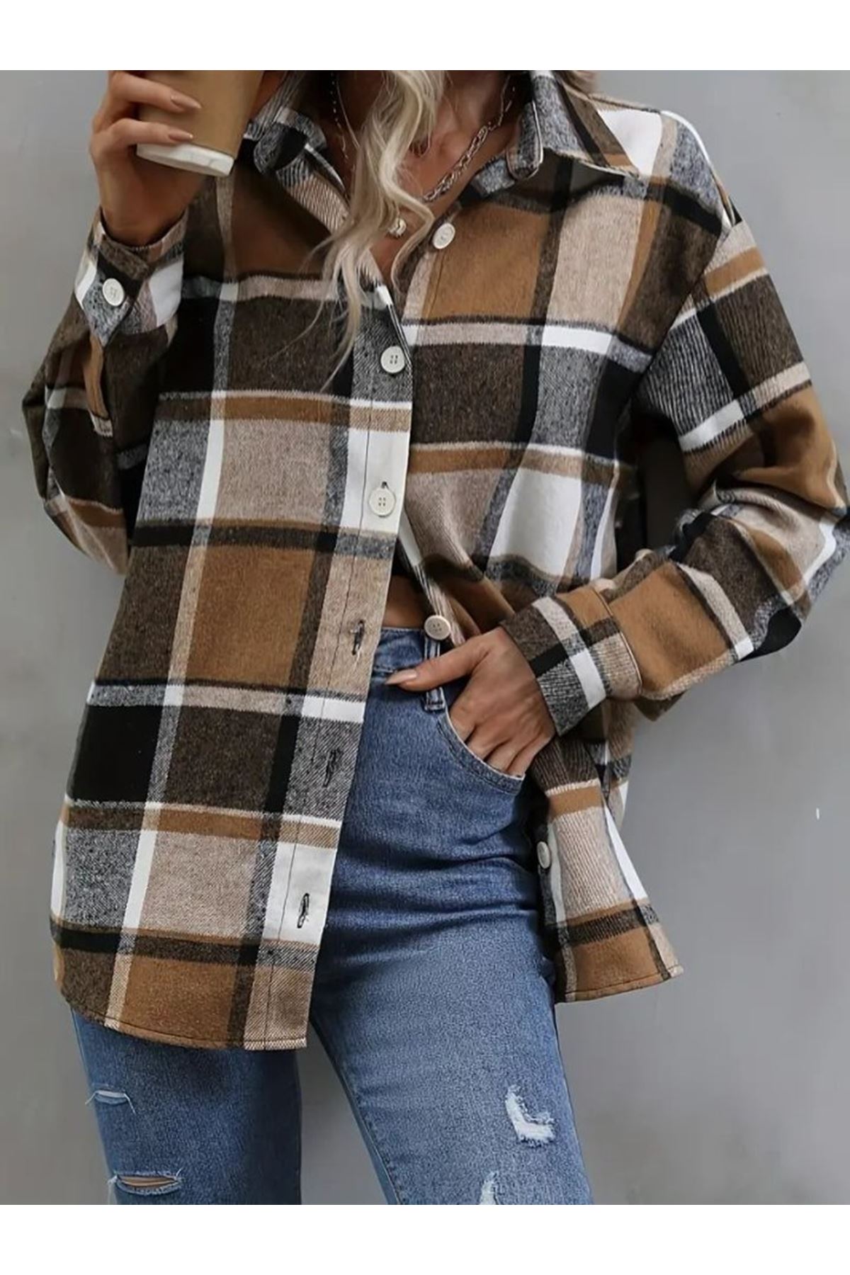 Kadın Uzun Kollu Kare Desenli önden Düğmeli Dokuma Gömlek