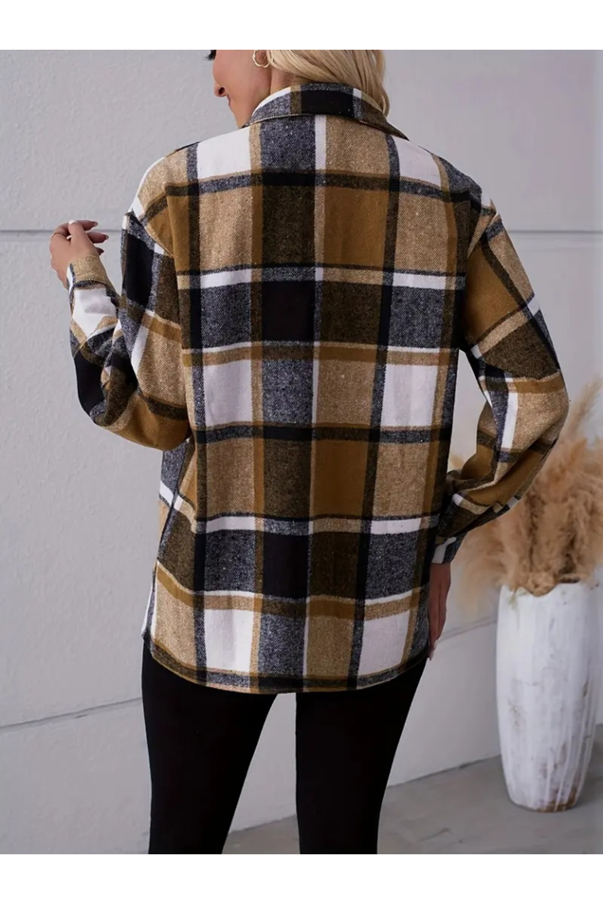 Kadın Uzun Kollu Kare Desenli önden Düğmeli Dokuma Gömlek