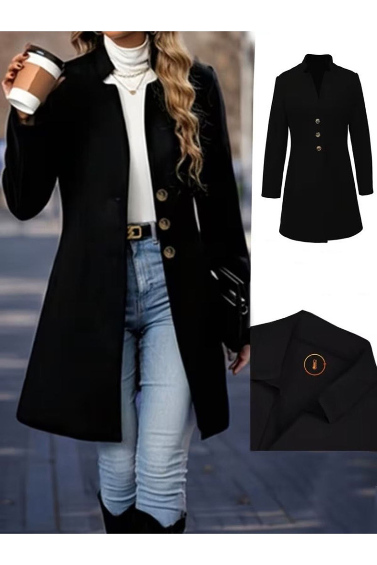 Kadın Uzun Kollu Hakim Yakalı önden Düğmeli Ithal Kaşe Astarsız Kısa Kaban