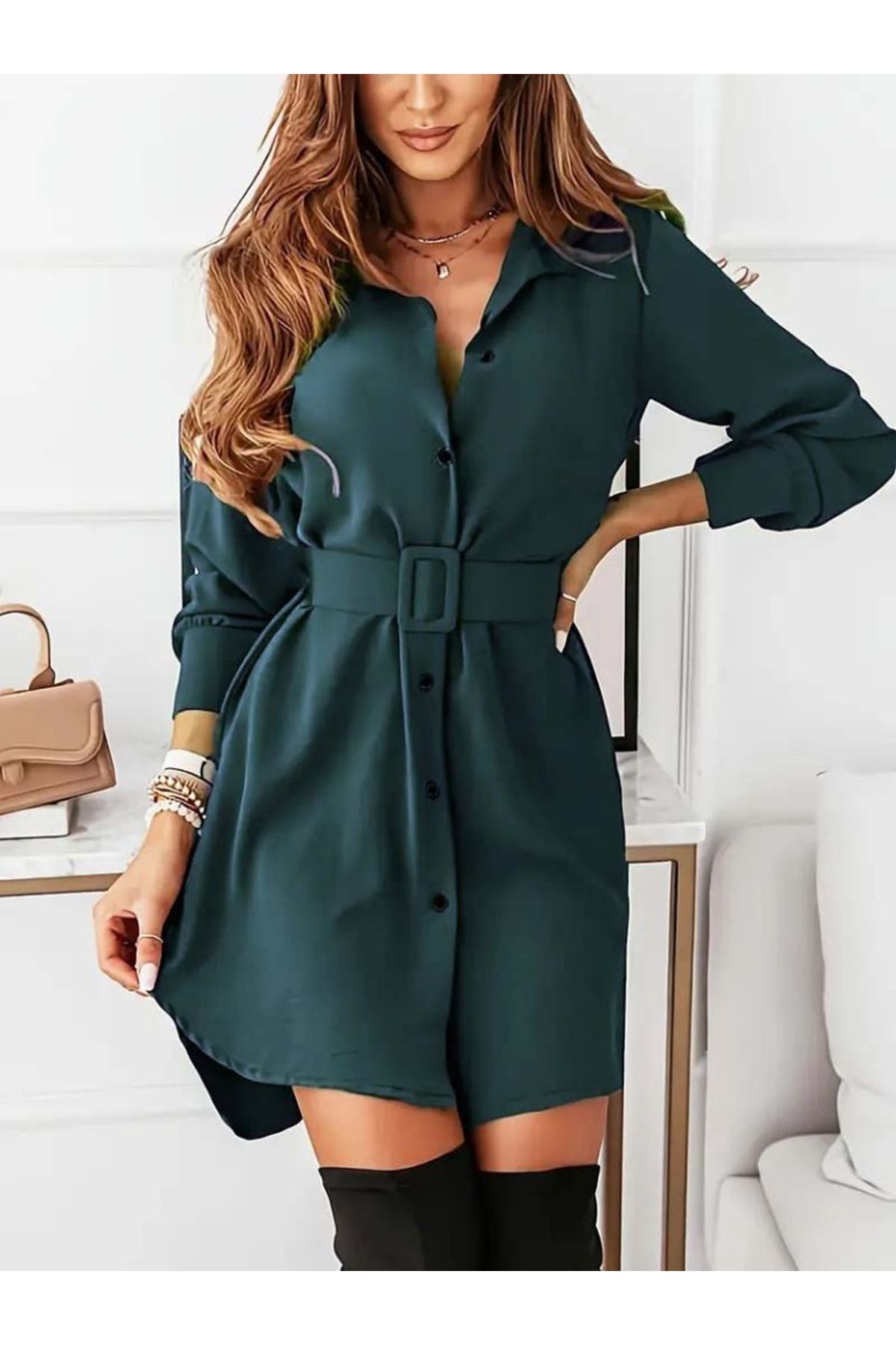 Kadın Uzun Kollu Yakalı Belden Kemerli Kıs Ithal Krep Elbise