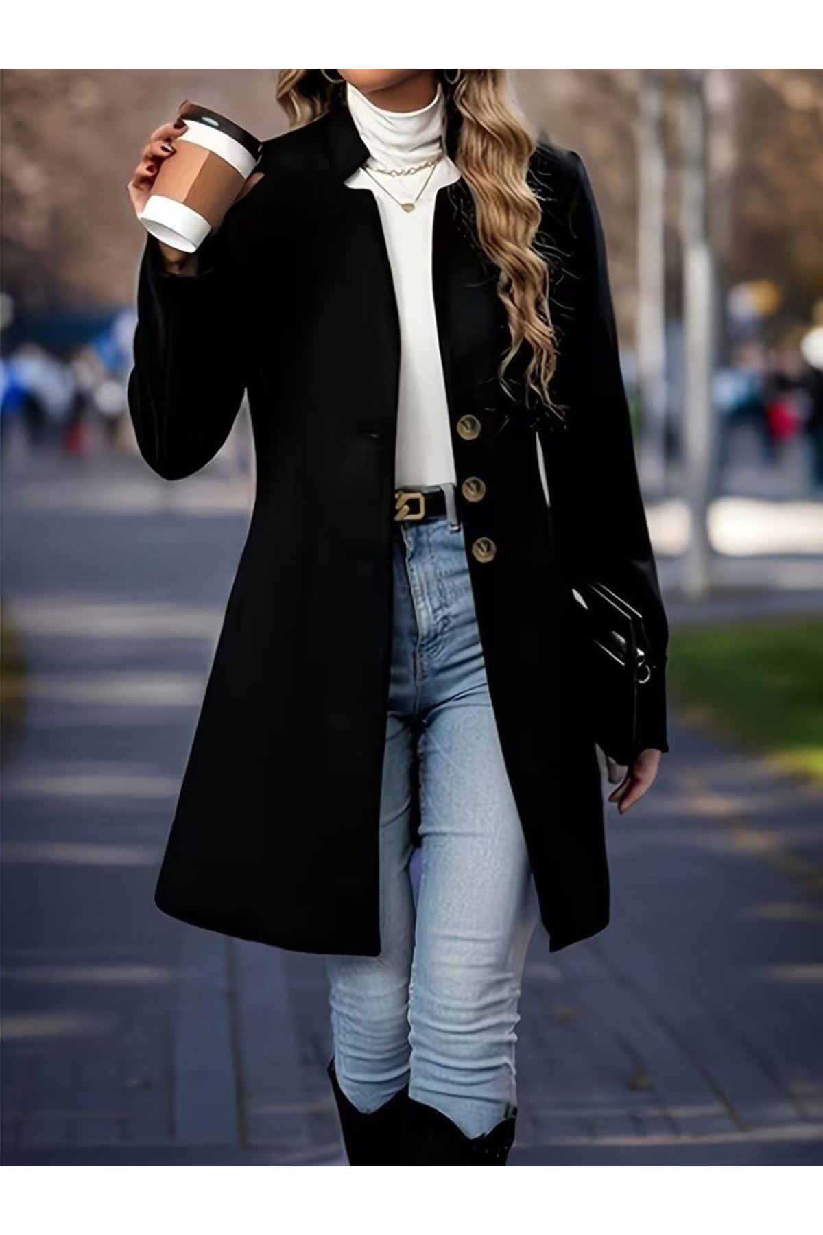 Kadın Uzun Kollu Hakim Yakalı önden Düğmeli Ithal Kaşe Astarsız Kısa Kaban