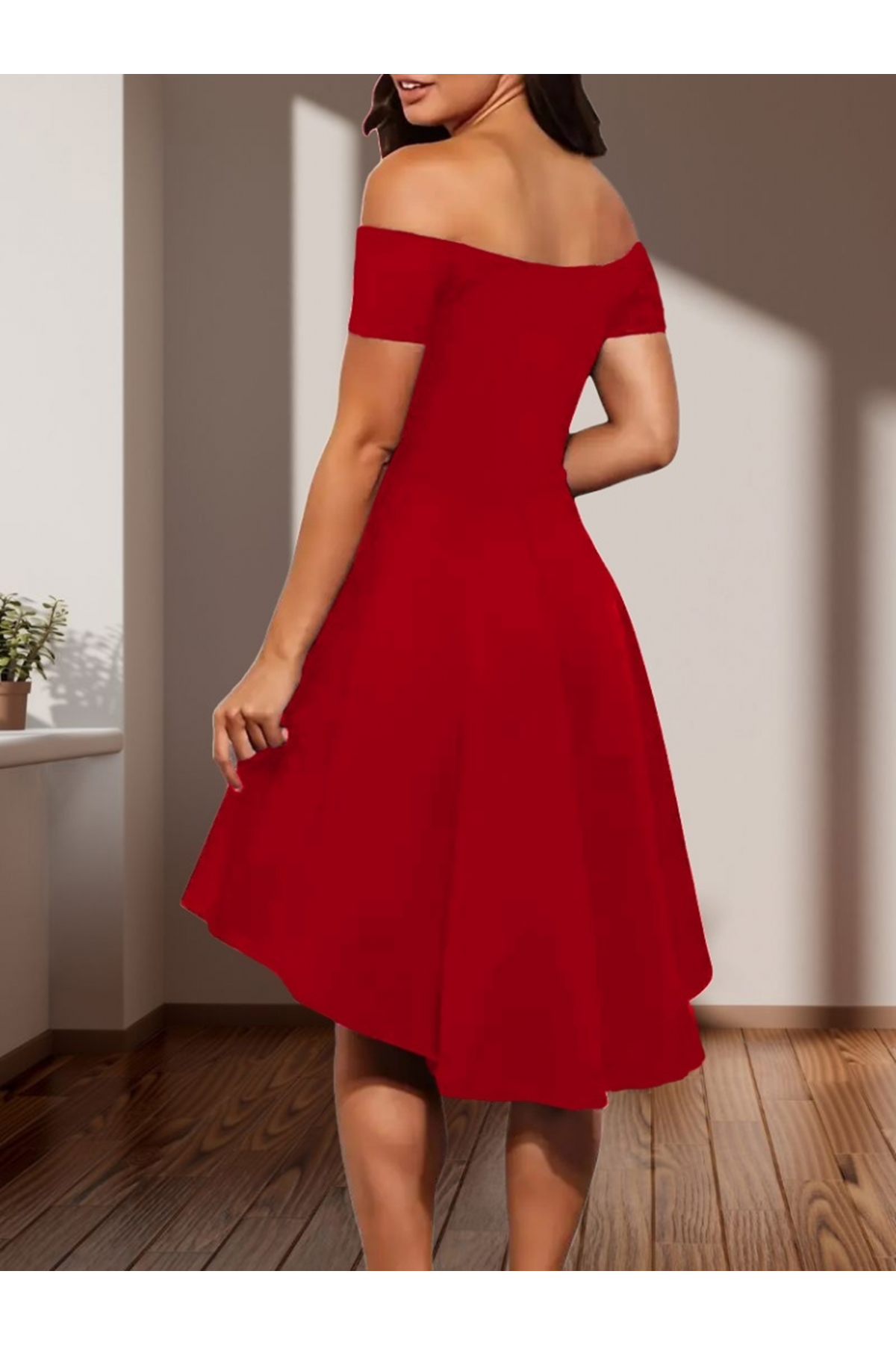 Kadın Kısa Kollu Madonna Yaka önü Kısa Arkası Uzun Ithal Krep Elbise