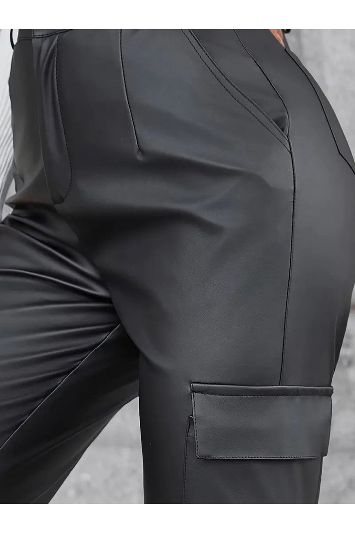 Kadın Yüksek Bel Yan Kargo Cep Detaylı Deri Pantolon