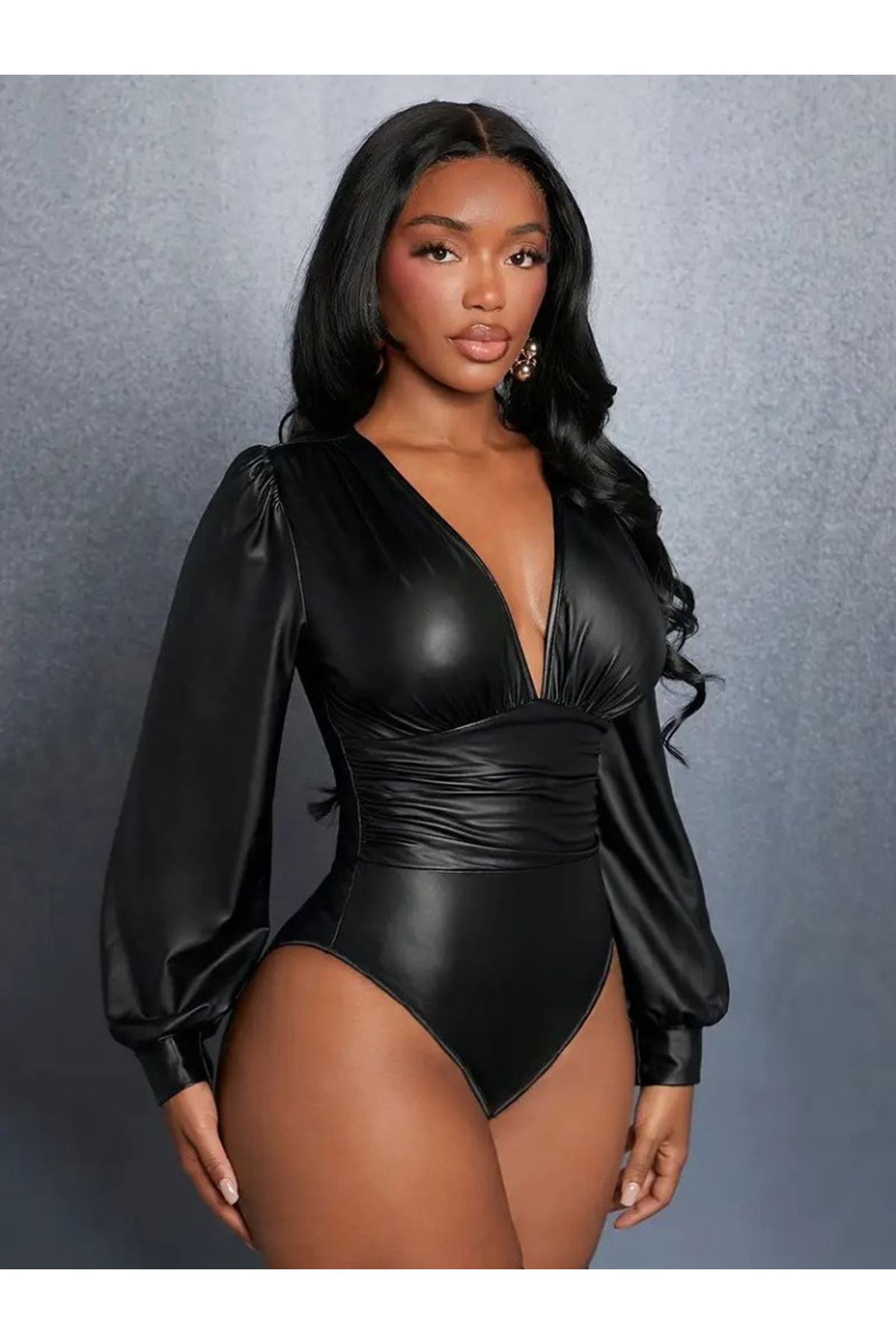 Kadın Uzun Kollu Derin V Yakalı Deri Zıbın