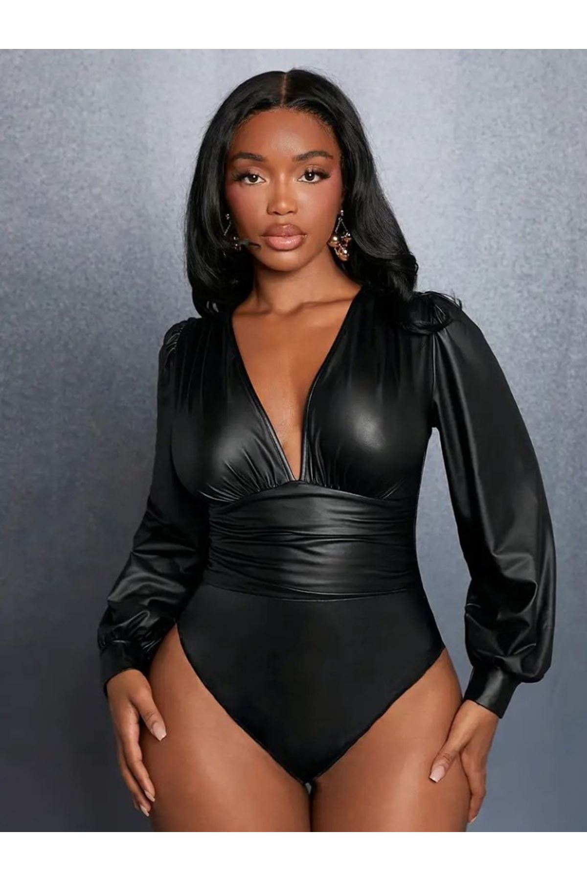 Kadın Uzun Kollu Derin V Yakalı Deri Zıbın