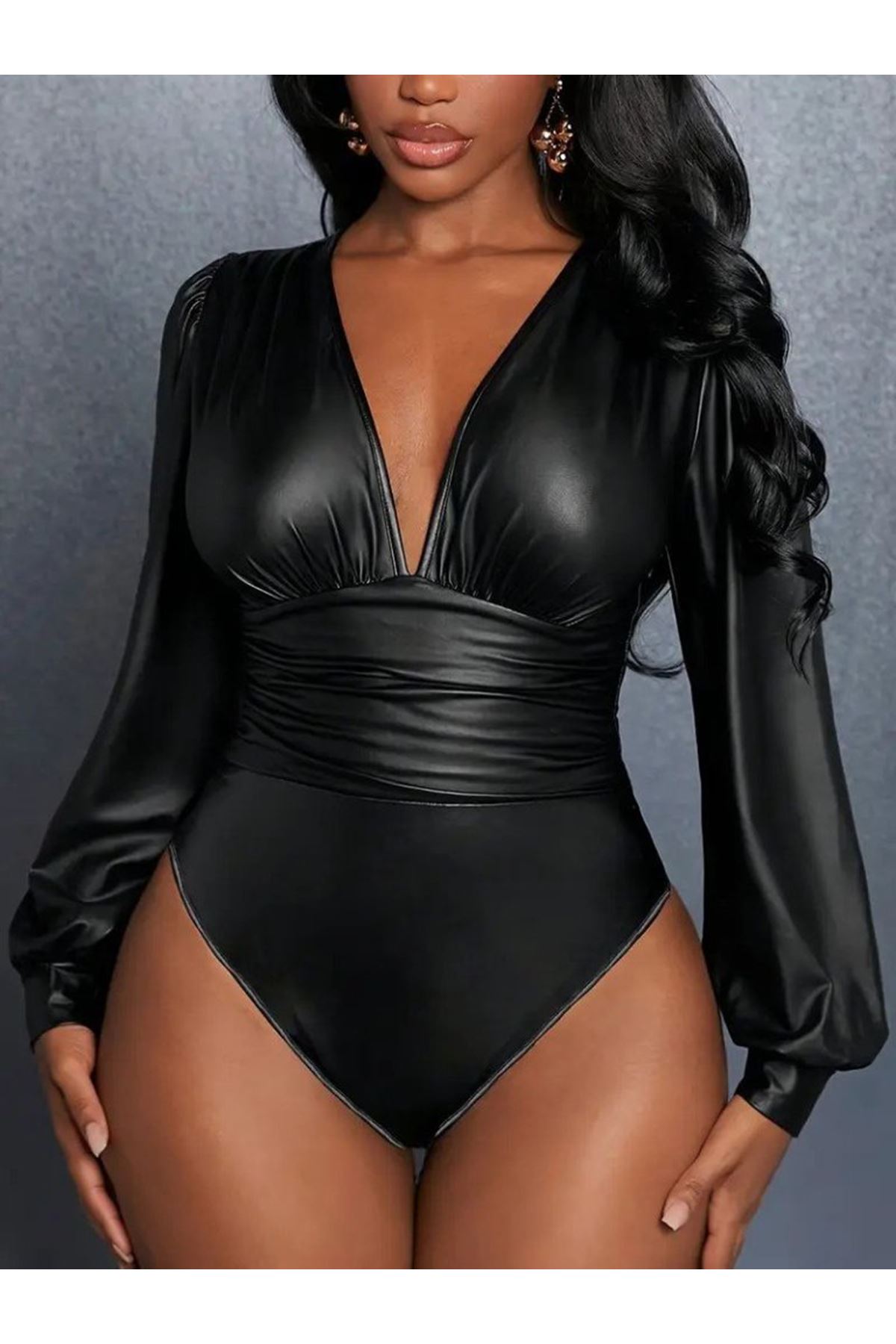 Kadın Uzun Kollu Derin V Yakalı Deri Zıbın