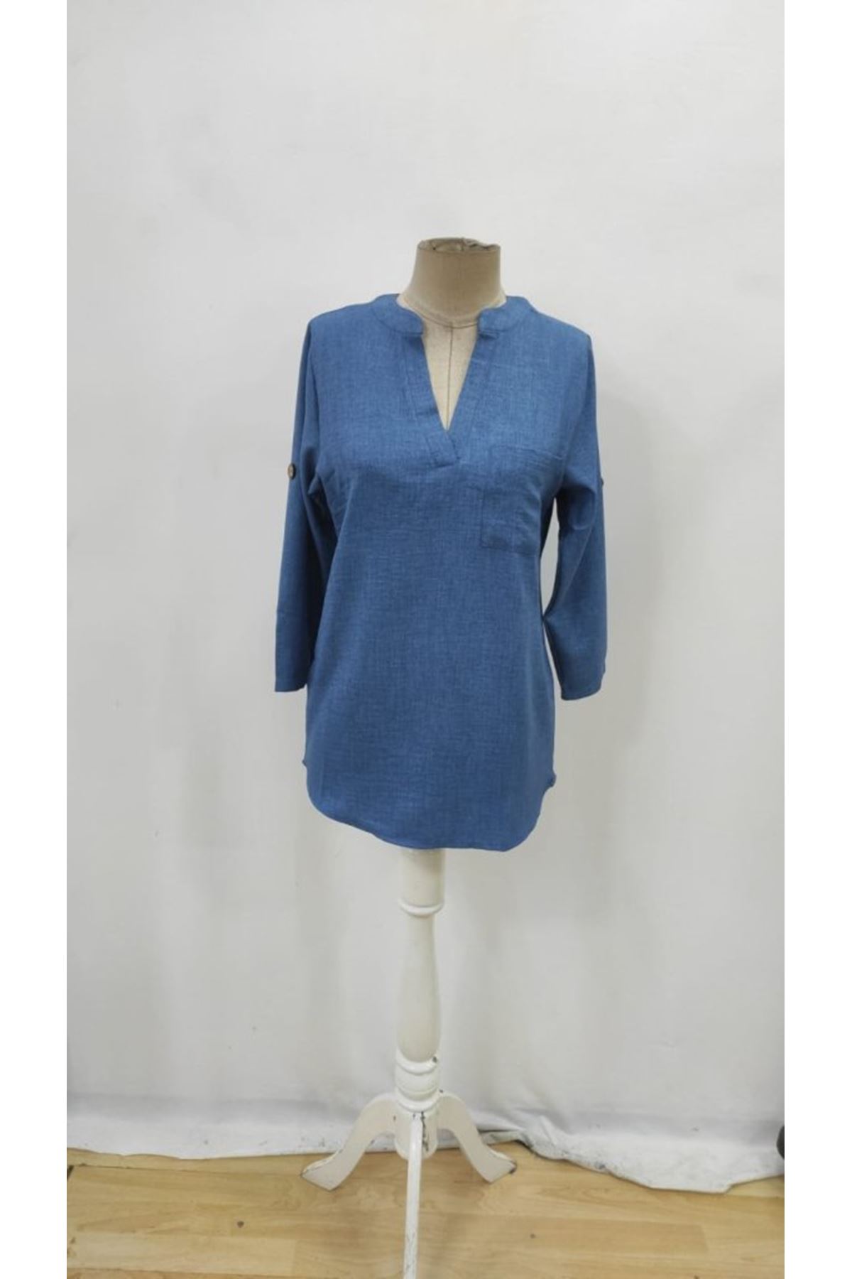 Kadın Truvakar Kol V Yakalı Keten Bluz