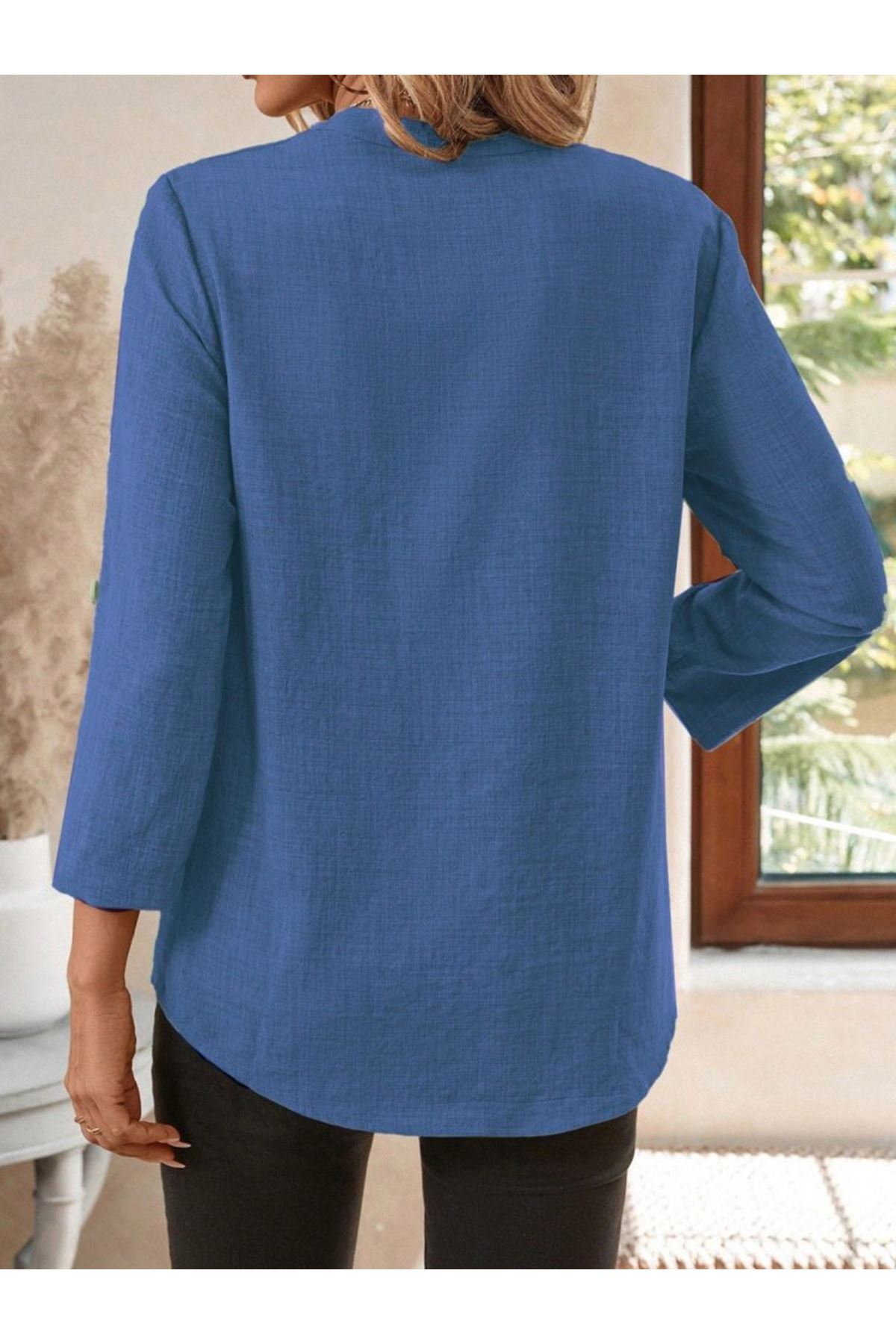 Kadın Truvakar Kol V Yakalı Keten Bluz