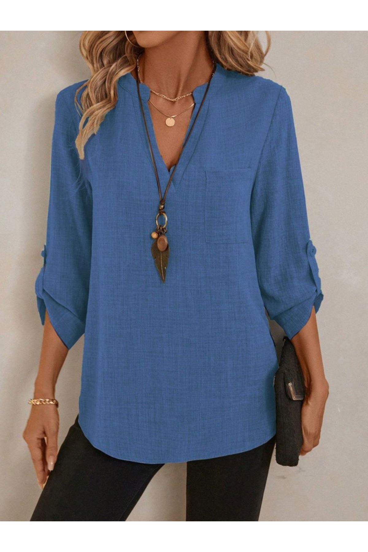 Kadın Truvakar Kol V Yakalı Keten Bluz