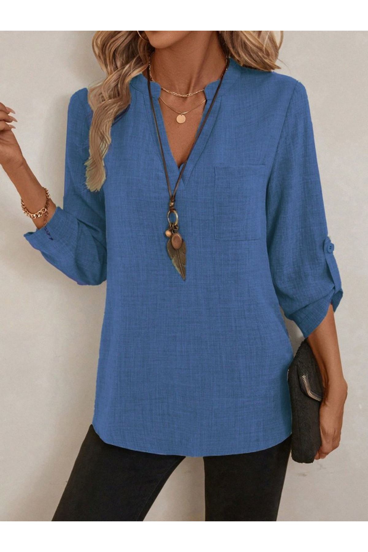 Kadın Truvakar Kol V Yakalı Keten Bluz