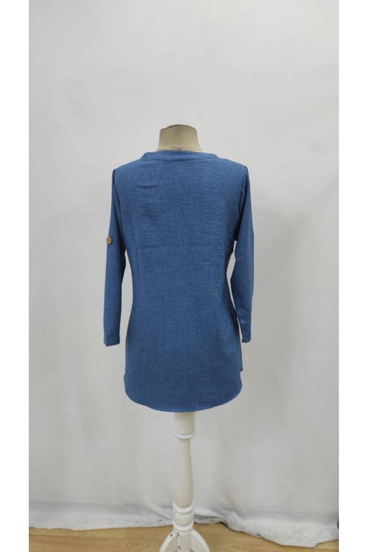 Kadın Truvakar Kol V Yakalı Keten Bluz