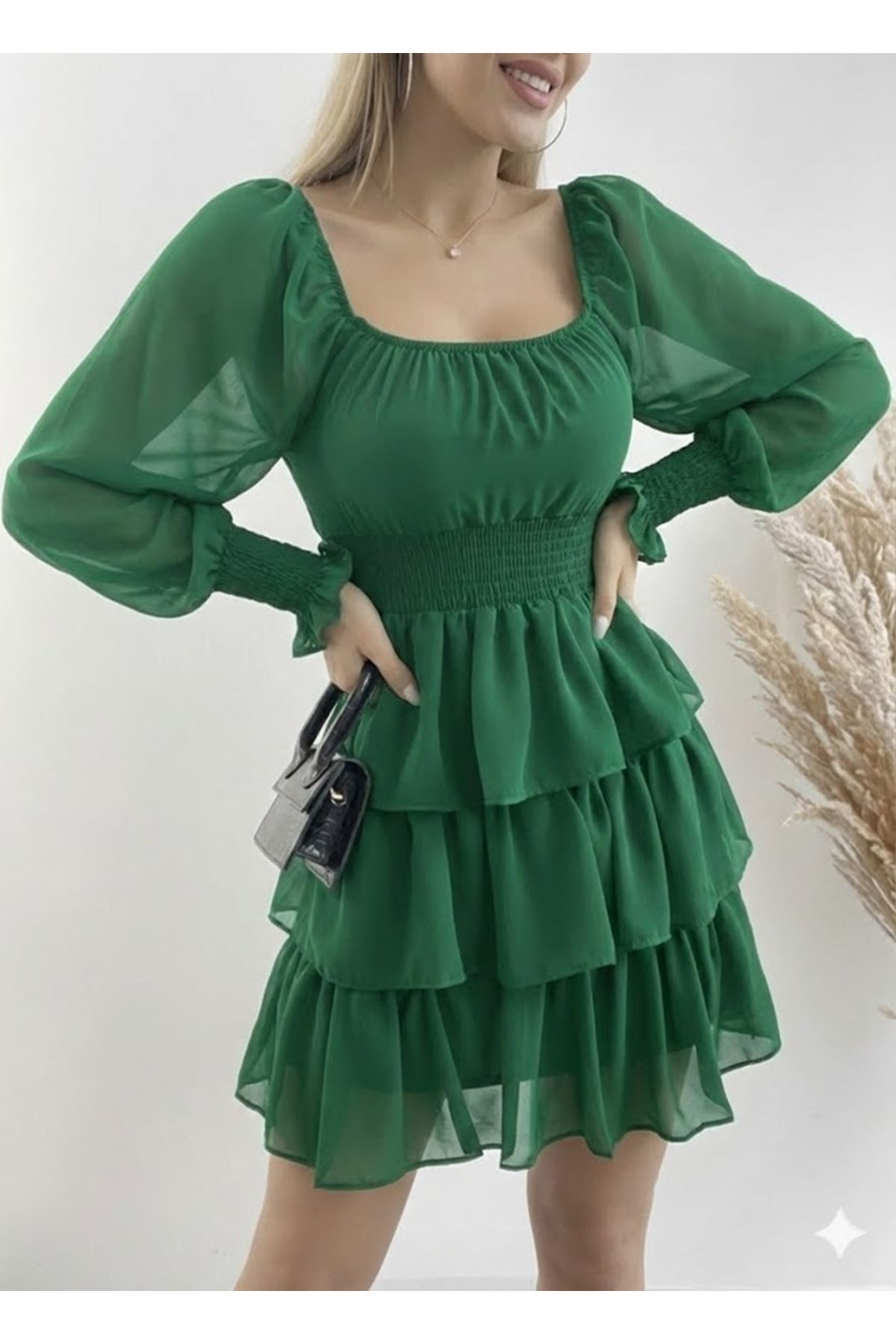 Kadın Uzun Kollu Kare Yaka Beli Lastikli Volanlı şifon Elbise